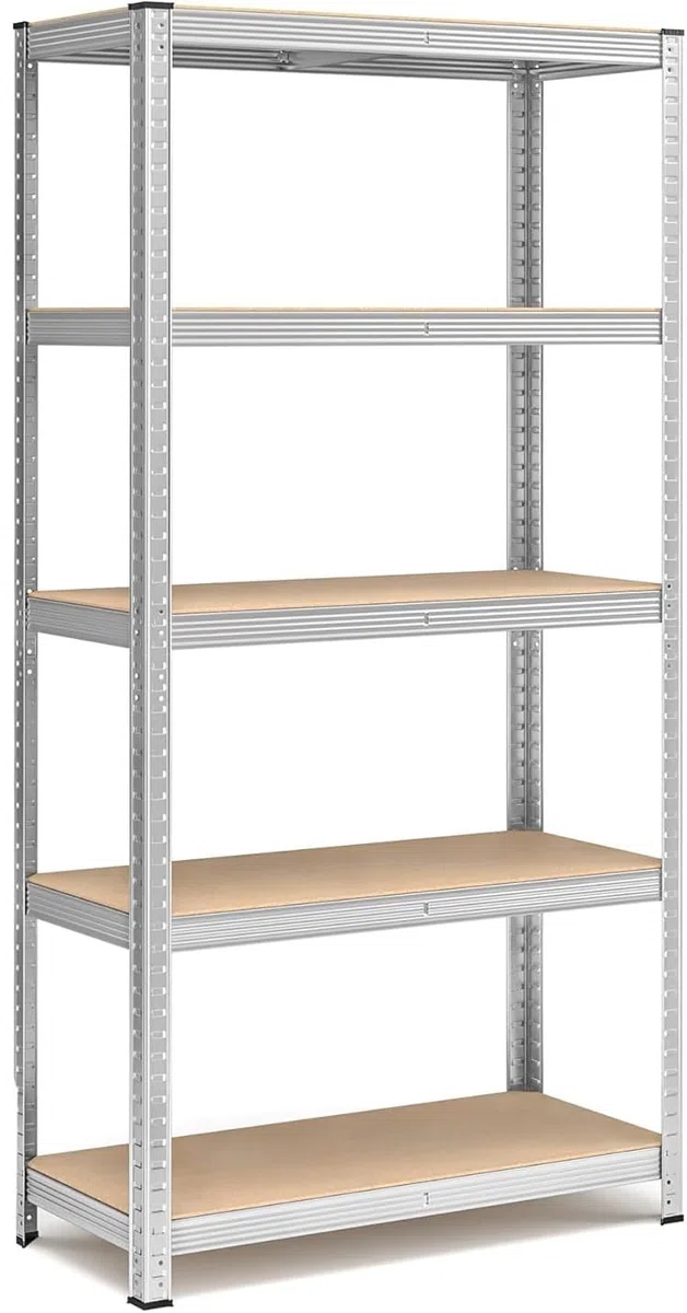 Scaffale in Metallo Zincato e MDF Per Carichi Pesanti Portata 875 kg Con 5 Ripiani Regolabili da 175 kg Per Garage, Magazzini, Cantine 180x90x40 cm