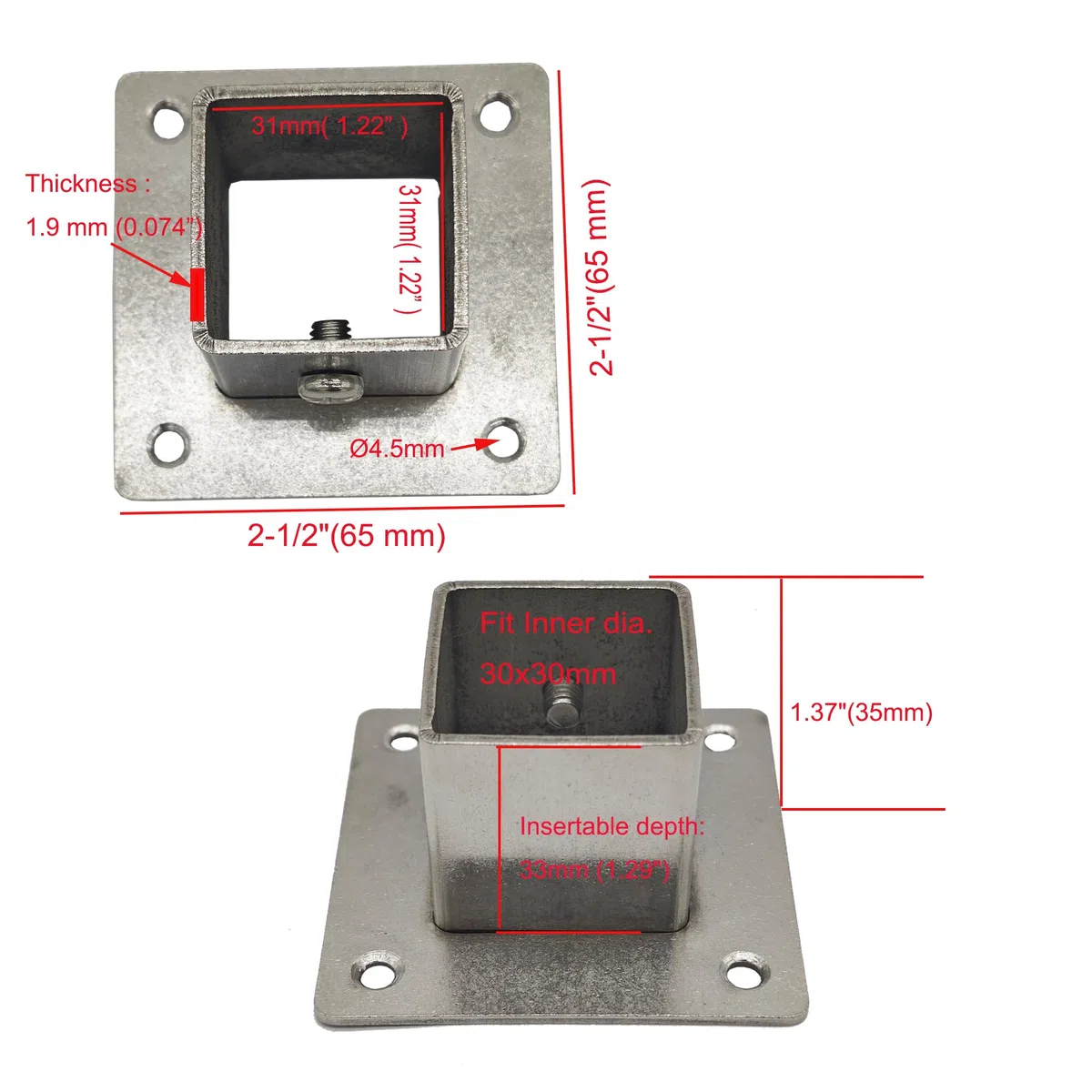 8 supporti con flangia quadrata da 3 cm, in acciaio inox 201, per recinzioni a pavimento o montaggio su ponte, 30 x 30 mm