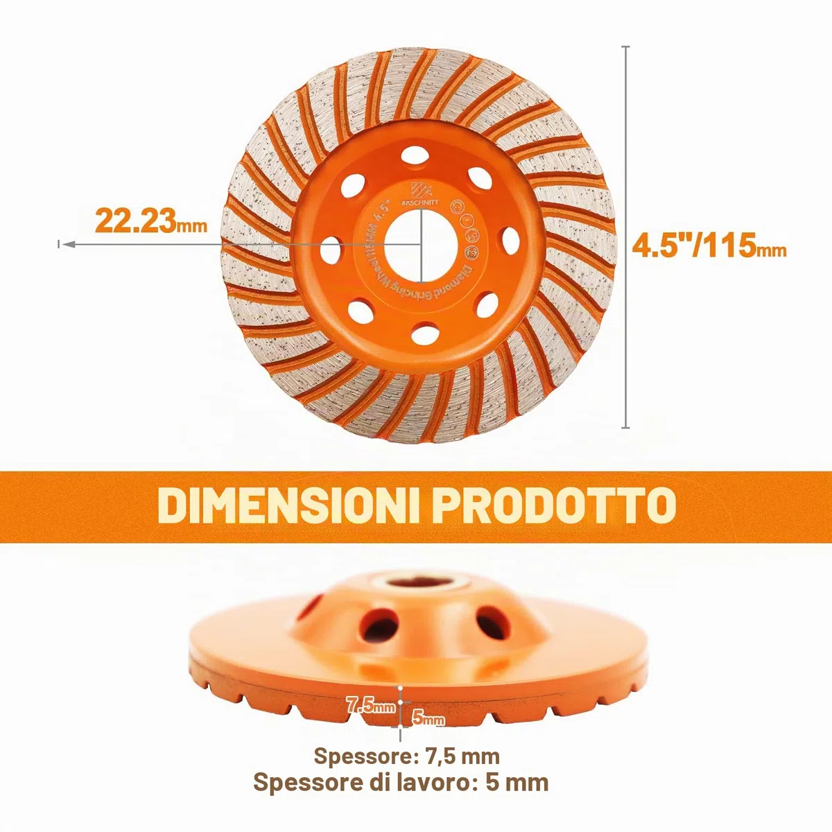 Mola a Tazza Diamantata 115mm - BRSCHNITT Disco per smerigliatrice diamantata in cemento,marmo,pietra,granito per smerigliatrice angolare,con filettatura M14