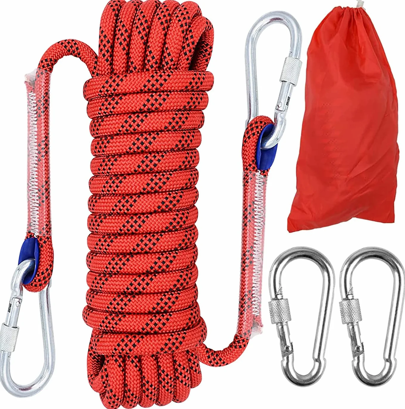 10M Corda da Arrampicata Fune di Sicurezza, 10mm Corda per Arrampicata su Roccia, Corda per Arrampicata All'Aperto con 2 Moschettone per Alpinismo, Campeggio Sportivo All'aperto, Fuga, Rosso