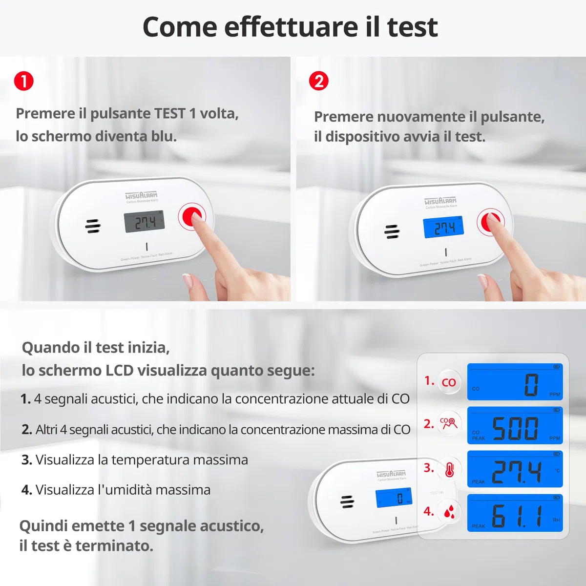 Rilevatore di monossido di carbonio, batteria sigillata da 10 anni, allarme monossido di carbonio, con rilevamento di temperatura e umidità e display LCD, allarme monossido di carbonio per la casa