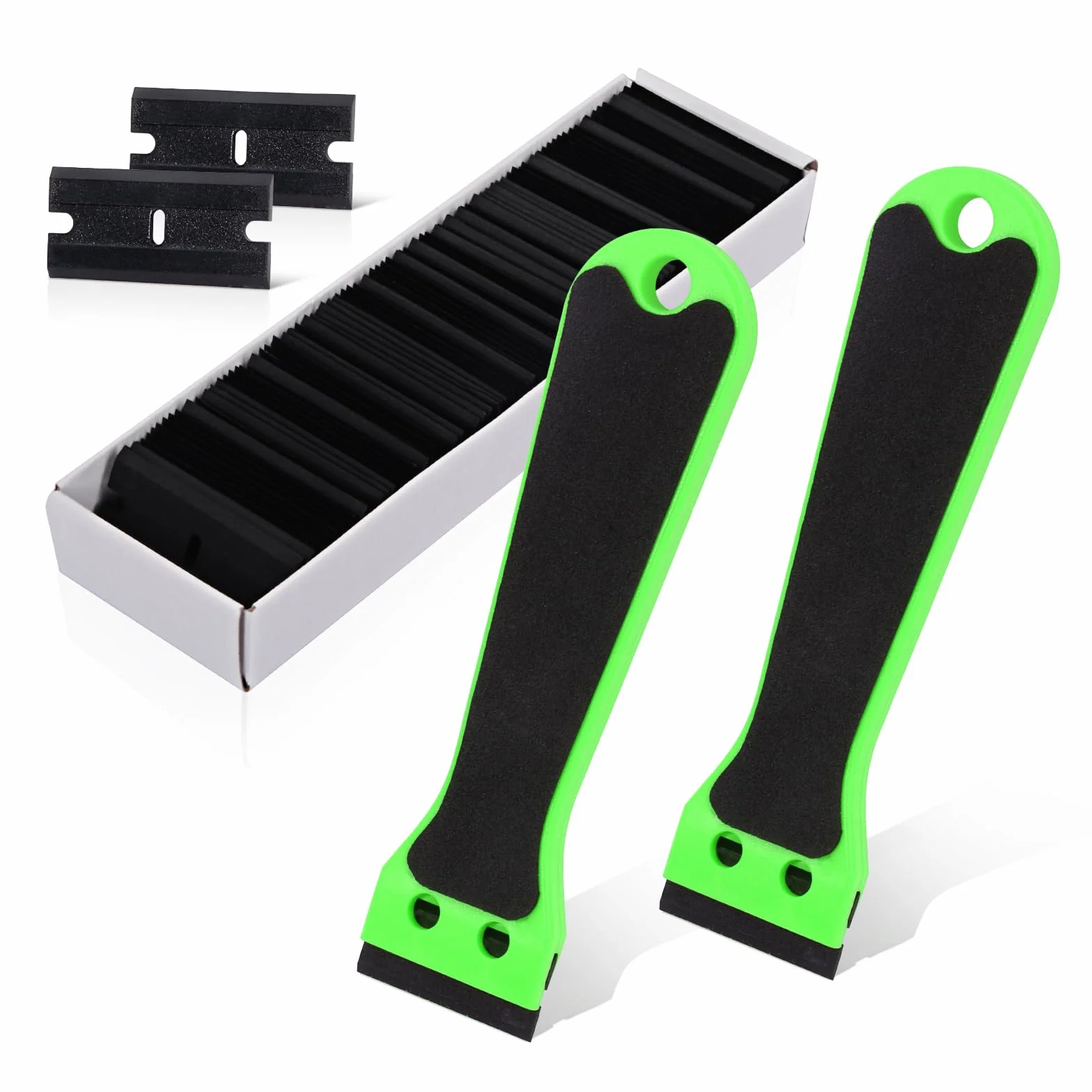Ehdis 2 raschietti in plastica con 100 lame di rasoio in plastica, manico lungo 15,2 cm con schiuma EVA, rimozione adesivo, per rimuovere etichette, colla, oggetti appiccicosi, decalcomanie