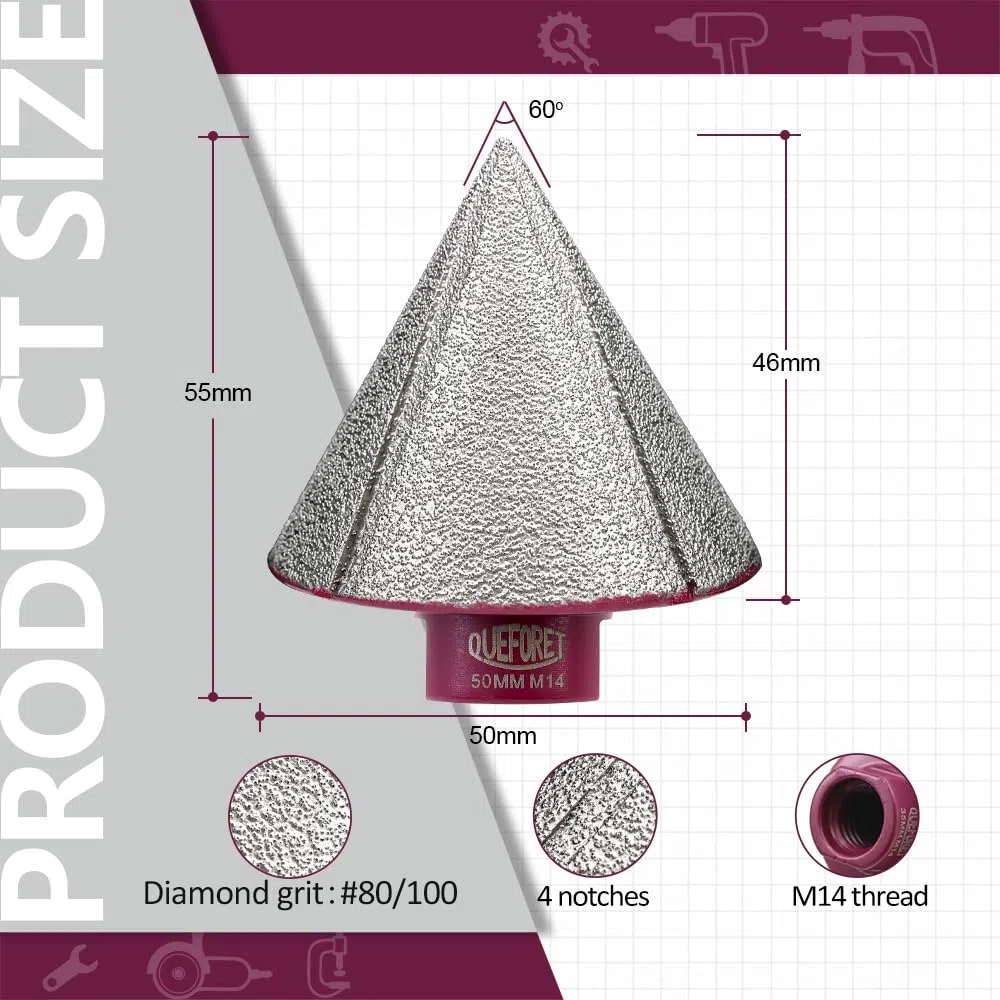 Punte Smusso Diamantata 50mm x M14 - Fresa per Arrotondare Smerigliare Rifilare Fori in Gres Porcellanato Porcellana Piastrelle Ceramica Marmo Granito