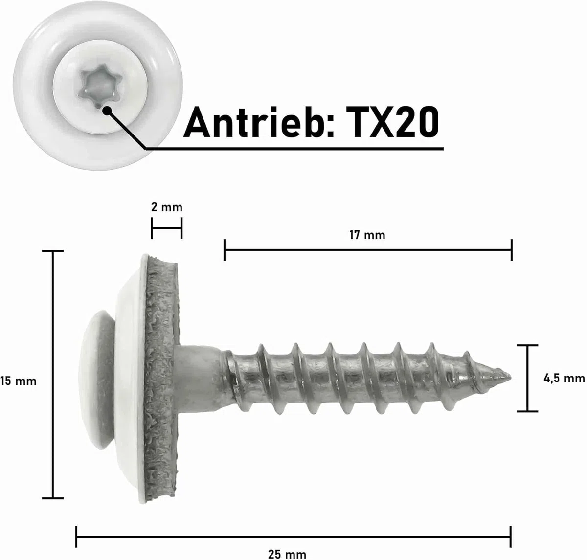 Viti idrauliche SCREW REBEL in acciaio Inox A2 con disco di tenuta in EPDM da 15 mm - 4,5 x 20 mm - bianco RAL 9010 TX20, 100 pezzi