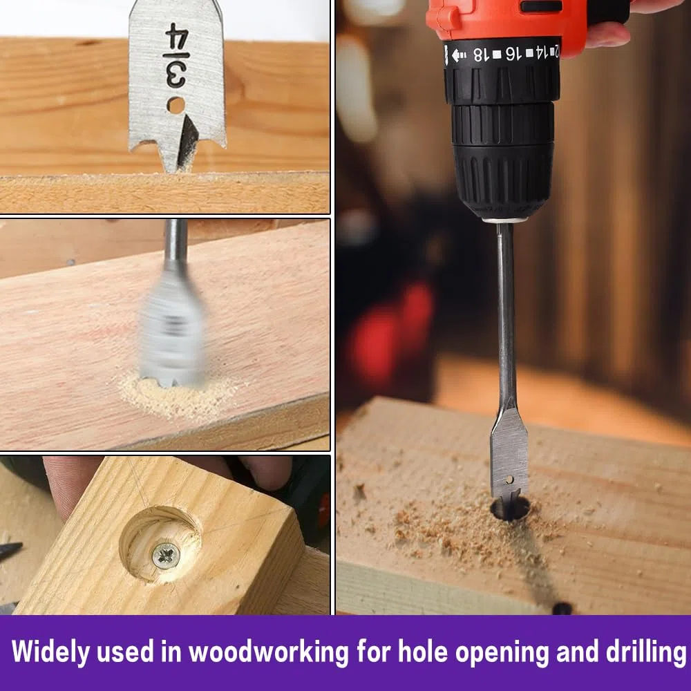 Set di 15 Punte per Trapano a Forcella in Acciaio Al Carbonio - Resistenti, Piatte per Legno, Utensili per Lavorazione - Adatte per Praticare Fori in Tutti i Tipi di Legno