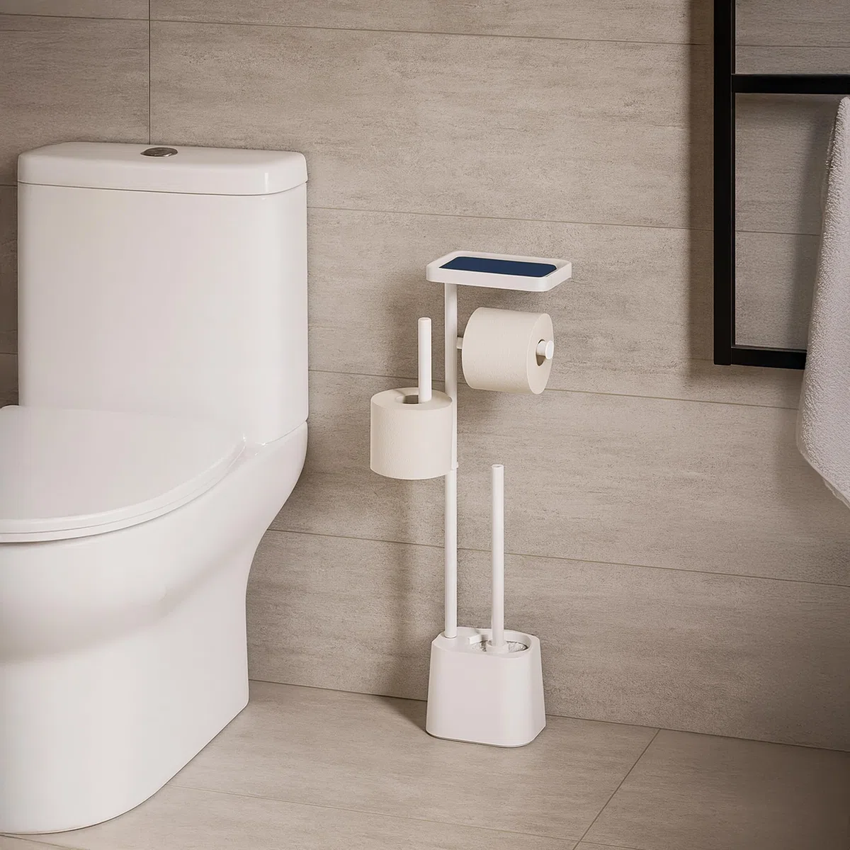 Relaxdays Piantana Portarotolo e Portascopino da Bagno, Porta Rotoli Carta Igienica, 65,5x29x11,5 cm, Acciaio, Bianco