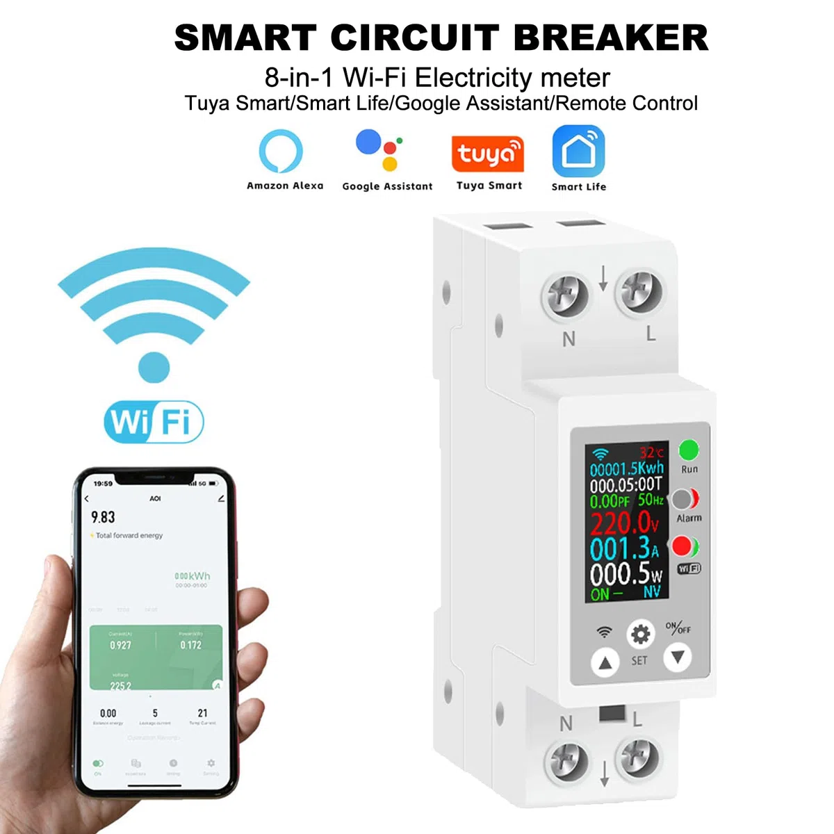Contatore Energia Elettrica Wifi,8 in 1 Misuratore Consumo Elettrico con Display Digitale Tuya Smart Protezione Da Sovratensione Regolabile Controllo Remoto Tramite APP Comando Vocale