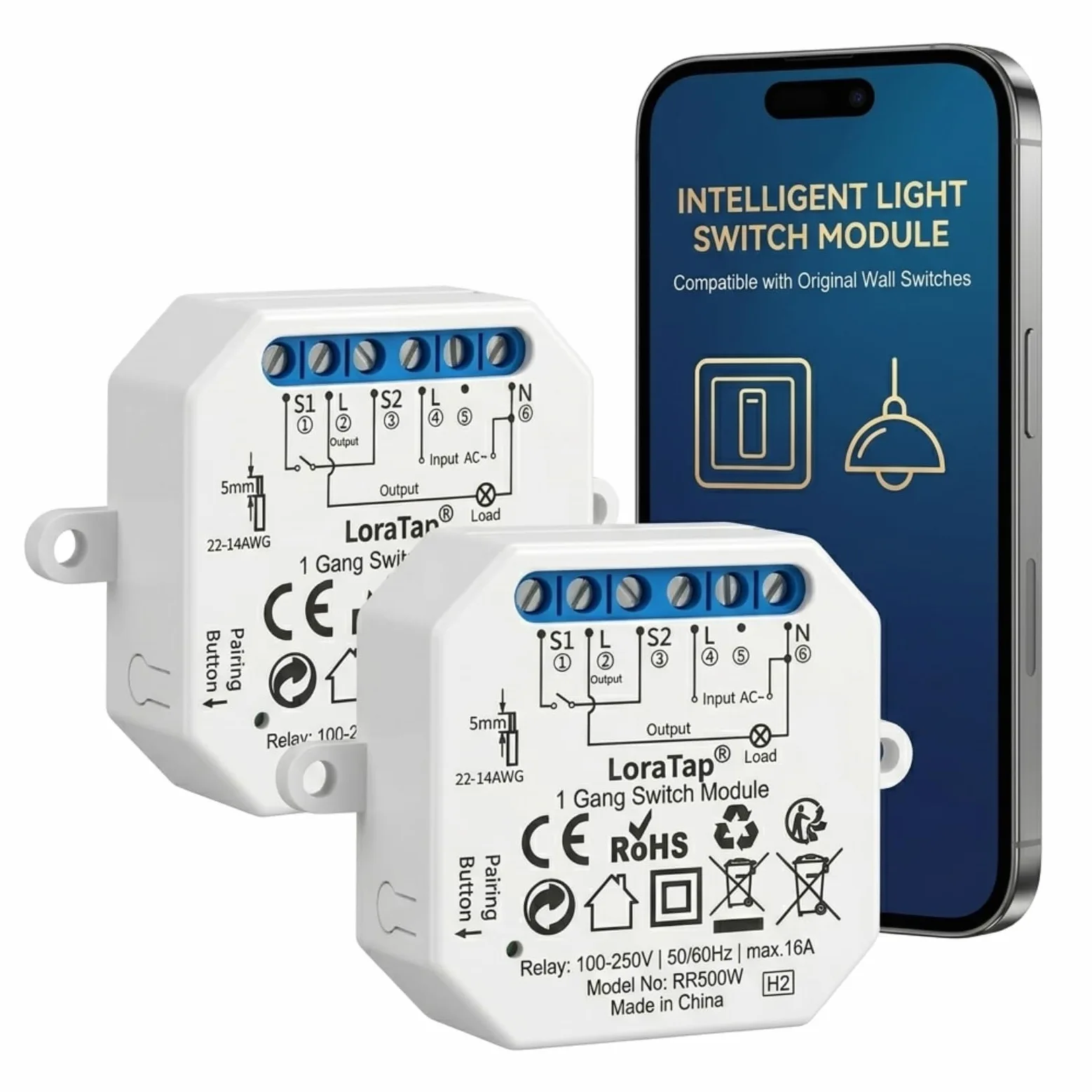 LoraTap Interruttore WiFi Alexa, Smart Timer Switch Funziona in Parallelo con Interruttore a Parete Originale, Compatibile con Alexa Echo e Google Home, 2pz Ricevitori a Relè 2500W