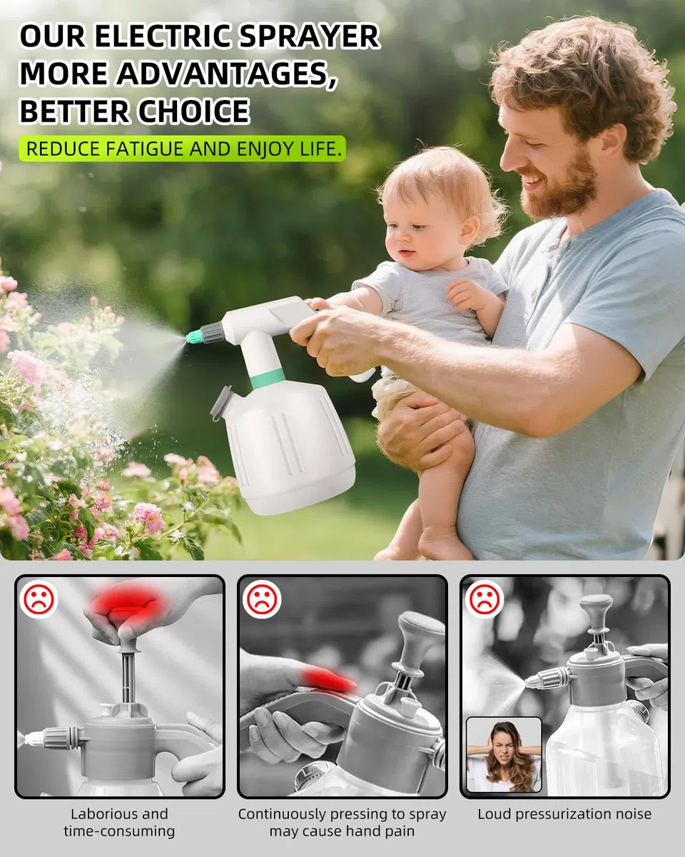 Spruzzatore Elettrico Ricaricabile 2L, Uten Spruzzatore da Giardino con Ugello Regolabile, Nebbia & Getto Automatico, per Piante, Pulizia, Auto