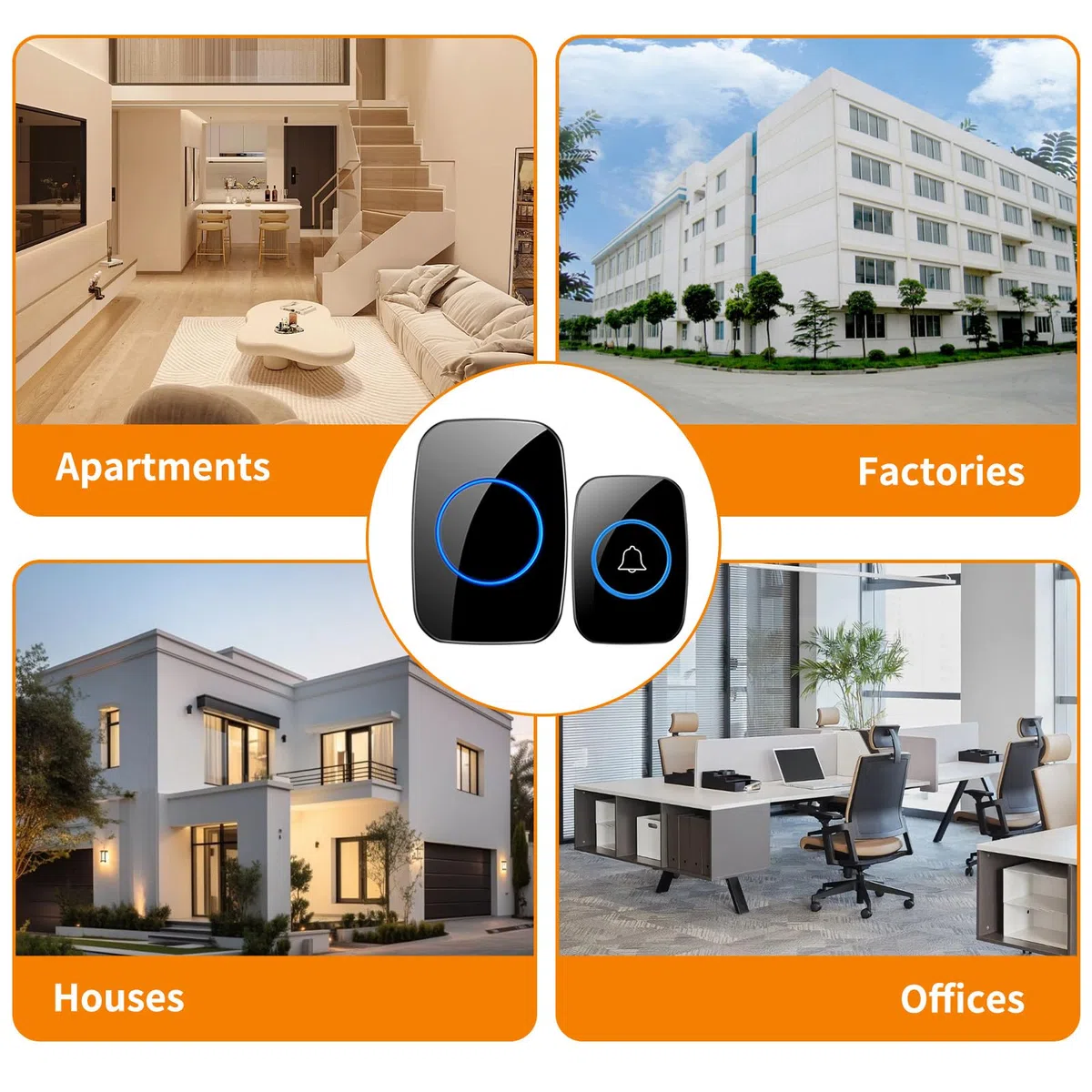 Campanello Senza Fili Impermeabile Esterno, Doorbell con Ricevitore Interno, Campanelli per Appartamenti, Case, Uffici, Campanello Wireless con 6 Volumi Regolabili, 60 Suonerie, Indicatori LED, Nero