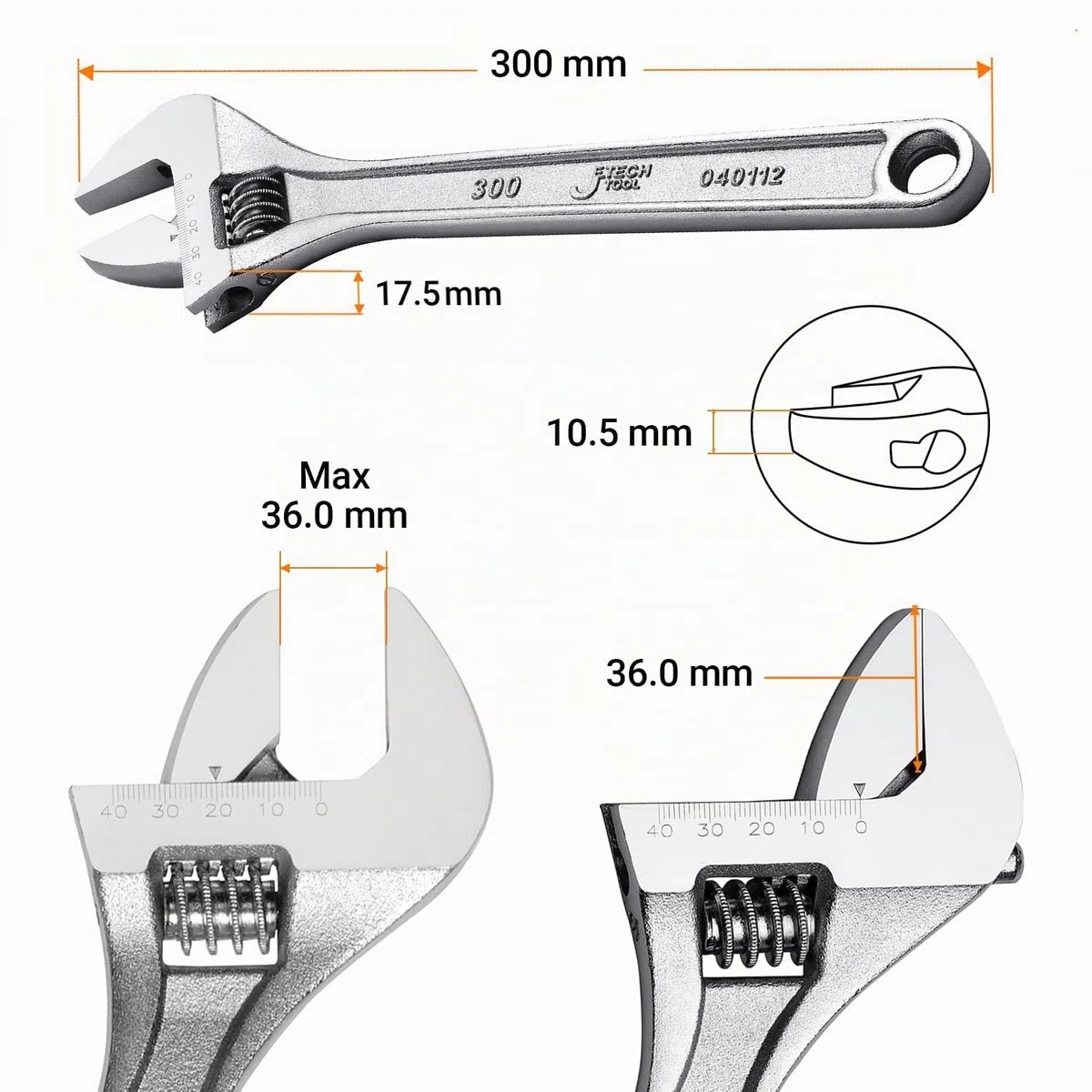 Jetech 12" Chiave inglese regolabile, SAE, Cr-V, mezzaluna con ganasce da 0 a 40 mm