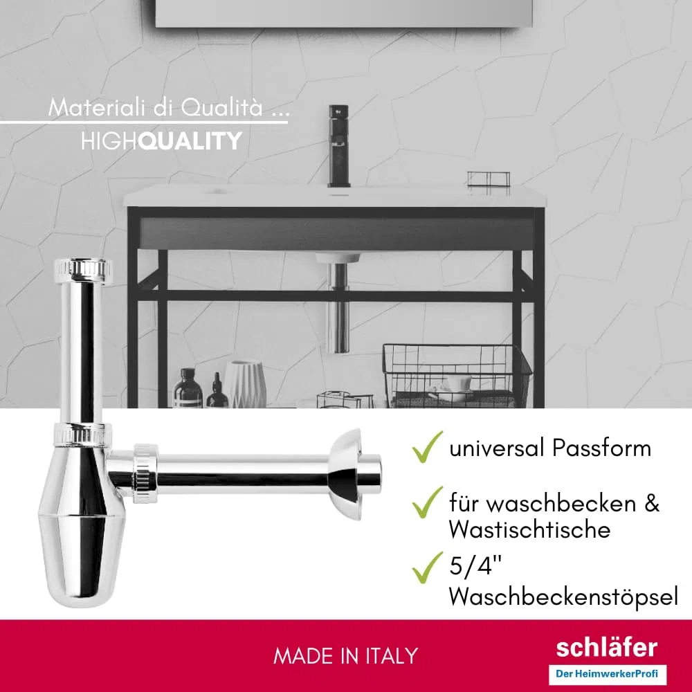Schläfer 4396115 | Sifone in Abs 1 1/4 Cromato, Sifone a Bottiglia per lavabo e Bidet, Scarico Lavandino Universale, Sifone in Plastica Antiodore Cromo, Tubo Scarico Muro diam 32 mm.