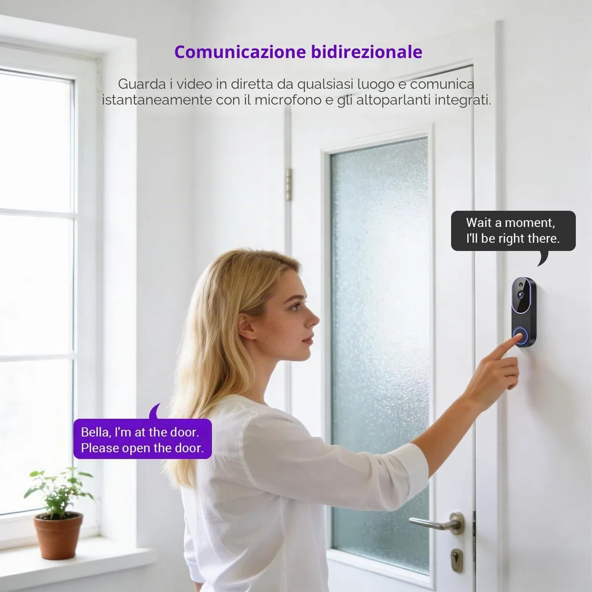Telecamera per campanello wireless 1080p con ricevitore, rilevamento intelligente di esseri umani, conversazione a due vie, visualizzazione in diretta, visione notturna, solo WiFi 2.4G