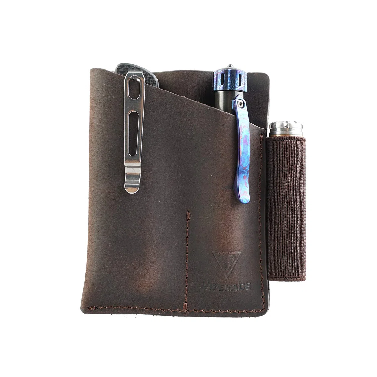 VIPERADE PJ12 EDC Fodero in pelle Guaina multiutensile Fondina per strumenti Fodero per coltello Guaina per torcia elettrica per Leatherman Guaina per coltello multiutensile con 2 tasche (Marrone)