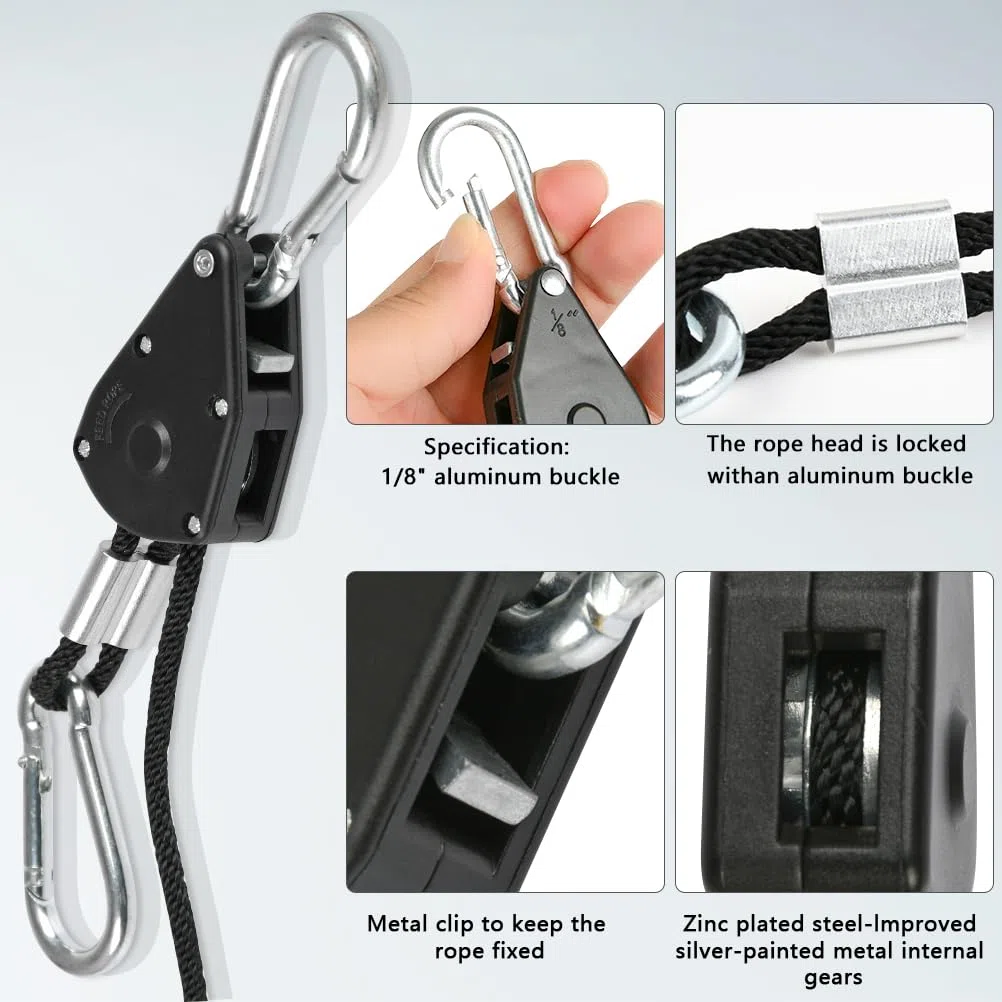 8Pz Cricchetto per Corda da 150 Libbre TIMESETL Carrucole Piccole con Gancio e Corda Nylon, Carrucola per Sollevamento, Tiranti per Vela Ombreggiante, Extendable Camping Rope, Puleggia per Piante