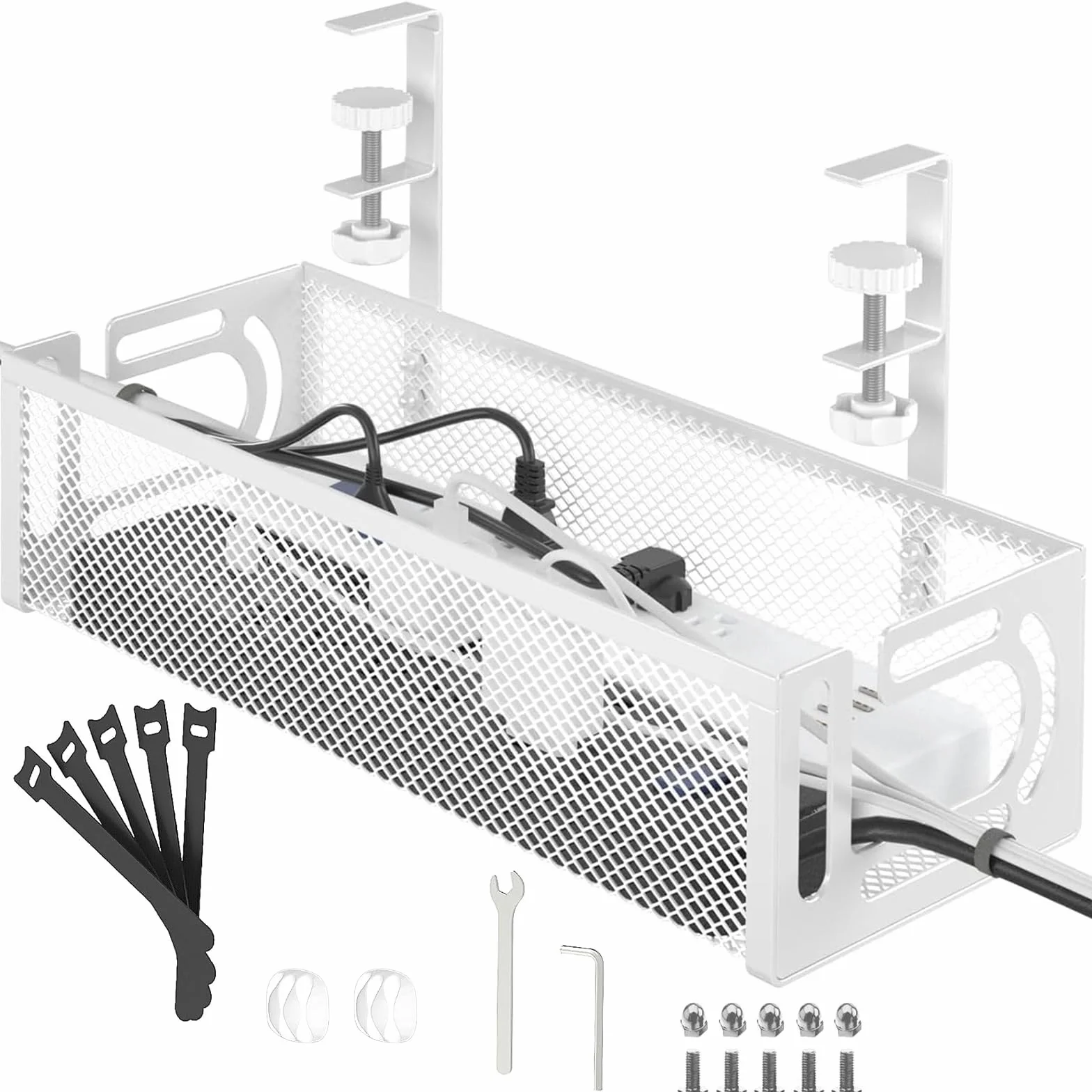 porta cavi scrivania,wire organizer for desk,Vassoio Per La Gestione Dei Cavi Sotto La Scrivania, Organizer Per Cavi Senza Trapano, Scatola di Gestione dei Cavi da Scrivania BIANCO 1 PACK