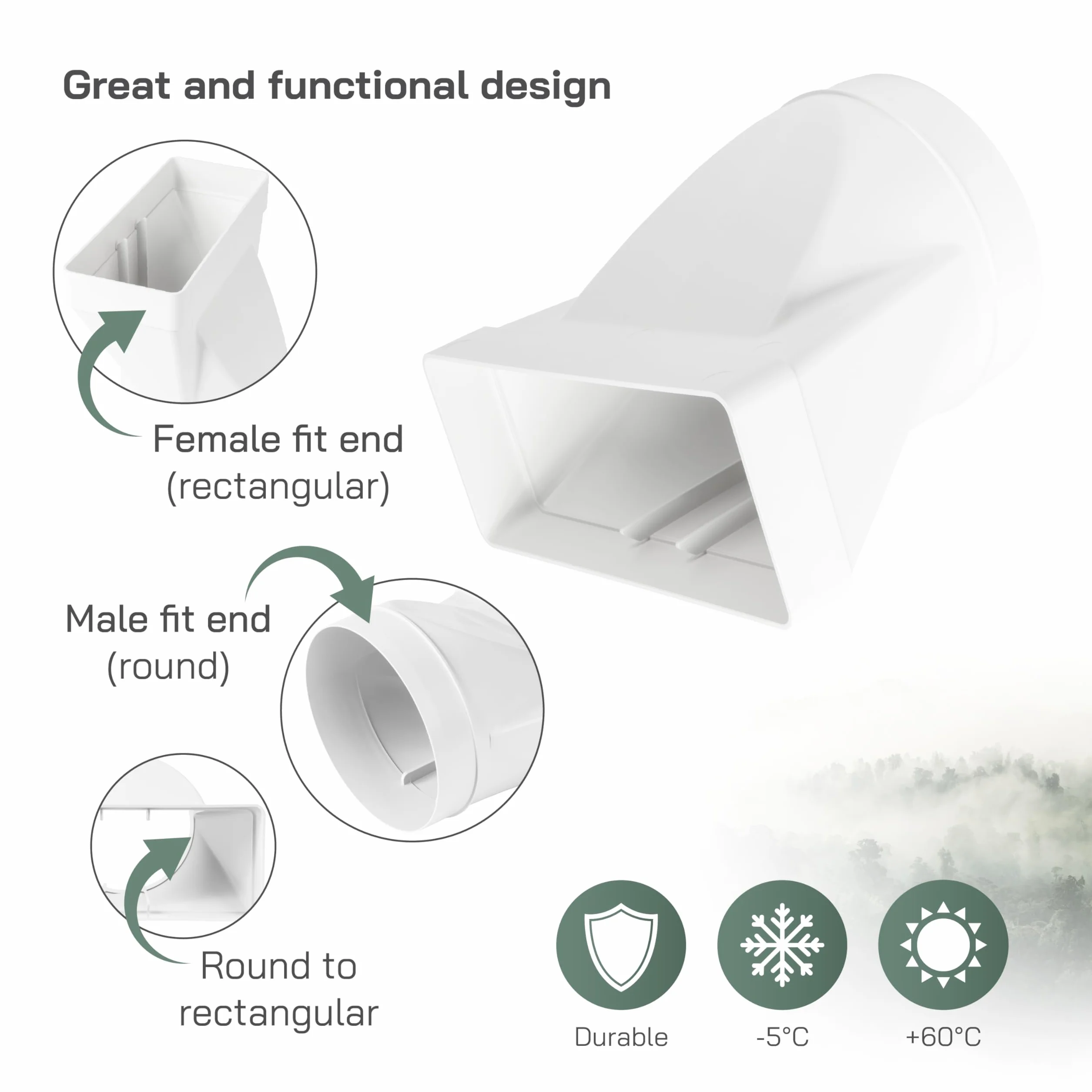Vent Systems 220x90mm su Ø150mm Connettore di tubi rettangolari per collegamento del tubo rotondo. Sistema di ventilazione, riscaldamento, raffreddamento - Non adatto per unità AC.