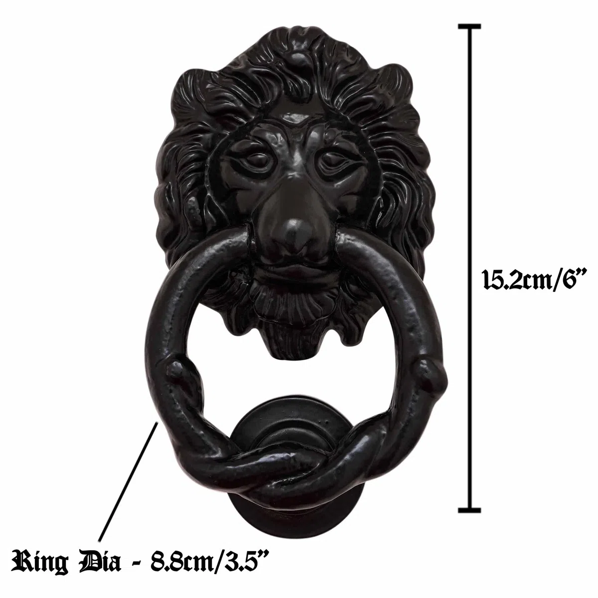 Mythrojan Battente per porta con testa di leone, in ghisa, con viti, anello per porta d'ingresso, vittoriano, realizzato a mano, medievale, nero antico, nero