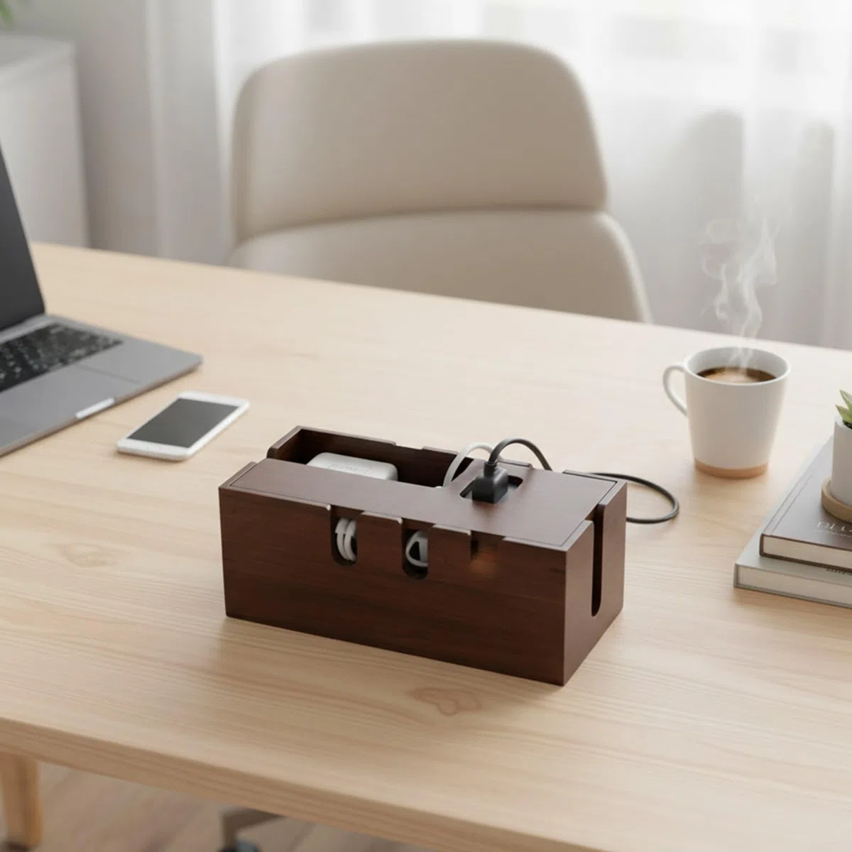 Scatola per la gestione dei cavi in legno massello con scheda plug-in, organizer per cavi e dispositivi, robusto hub di archiviazione in legno per scrivania di casa e ufficio, 31 x 13 x 12 cm (marrone