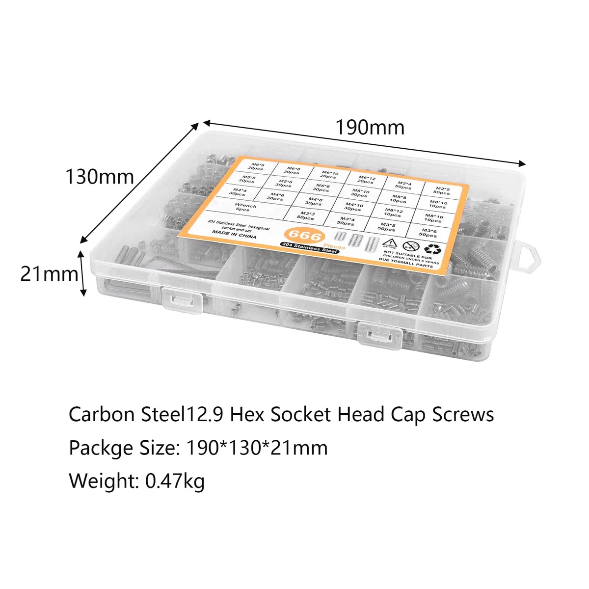Set di 666 viti M2, M3, M4, M5, M6, M8, testa esagonale, viti per vermi, in acciaio inox, set con chiave a brugola