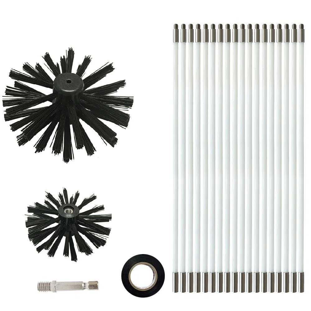 Spazzola per camini fino a 7,2 m, kit di pulizia a secco, testina 100/150 mm, lunghezza 410 mm, asta flessibile, per vari camini, tubi, spazzole per la pulizia (18 aste)