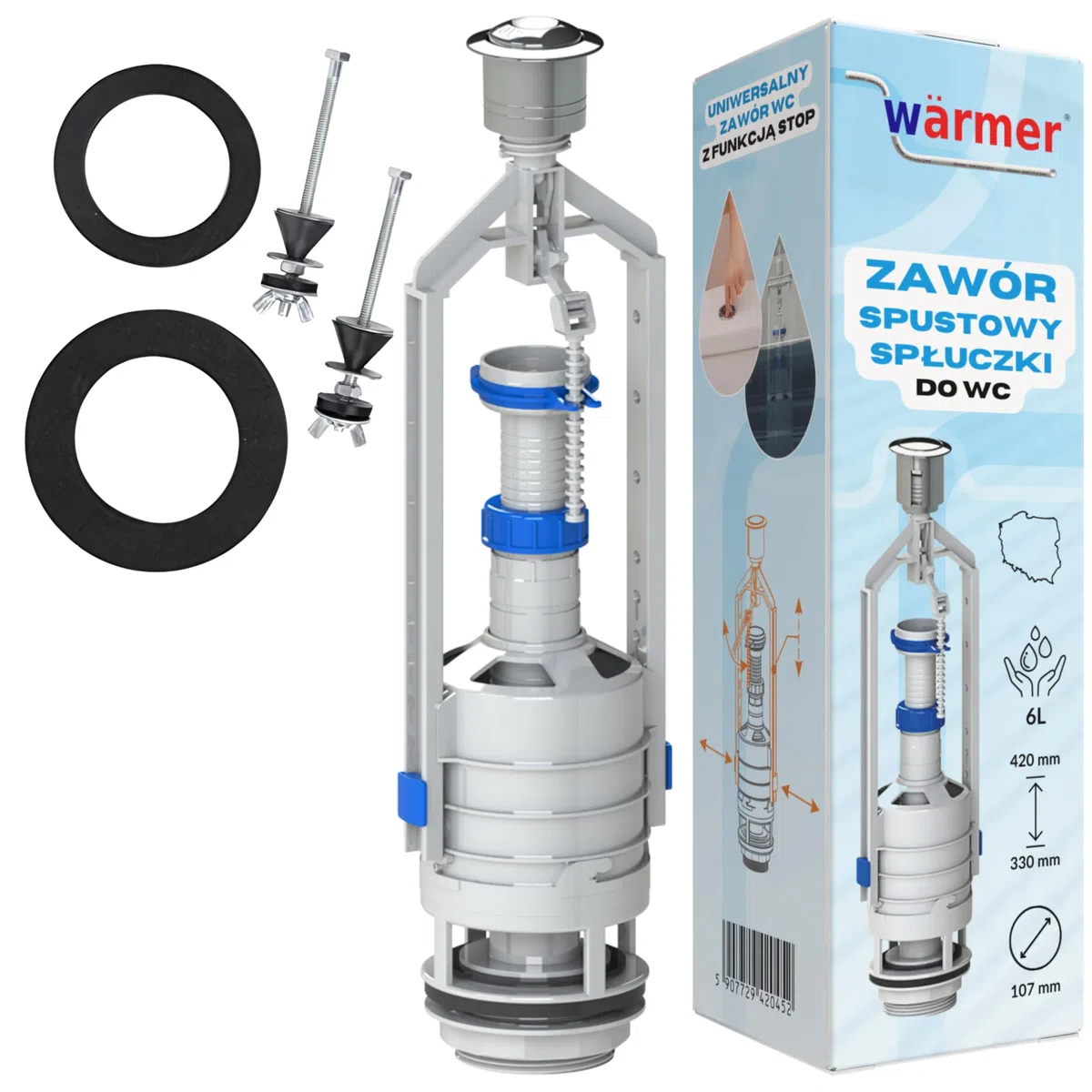 Rimex Valvola Di Scarico Per Cassetta WC 107 mm, Con Funzione Di Arresto, Kit Di Riparazione, Guarnizioni, Viti In Acciaio Inossidabile, Adatta A WC Standard