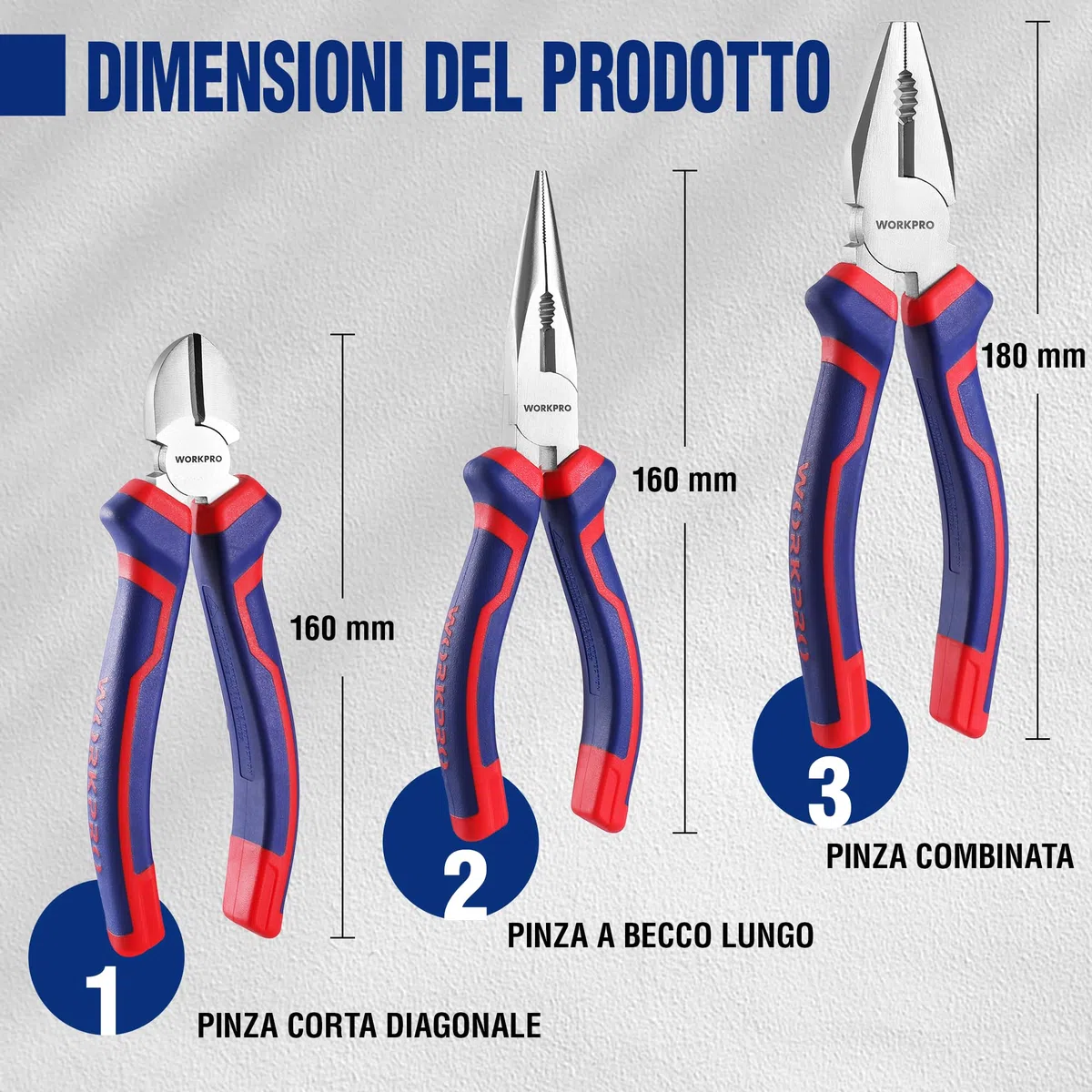 WORKPRO Set di 3 Pinze: Becchi Lunghi 160 mm, Taglio Laterale 160 mm, Combinata 180 mm - Manici Morbidi per Riparazioni Domestiche