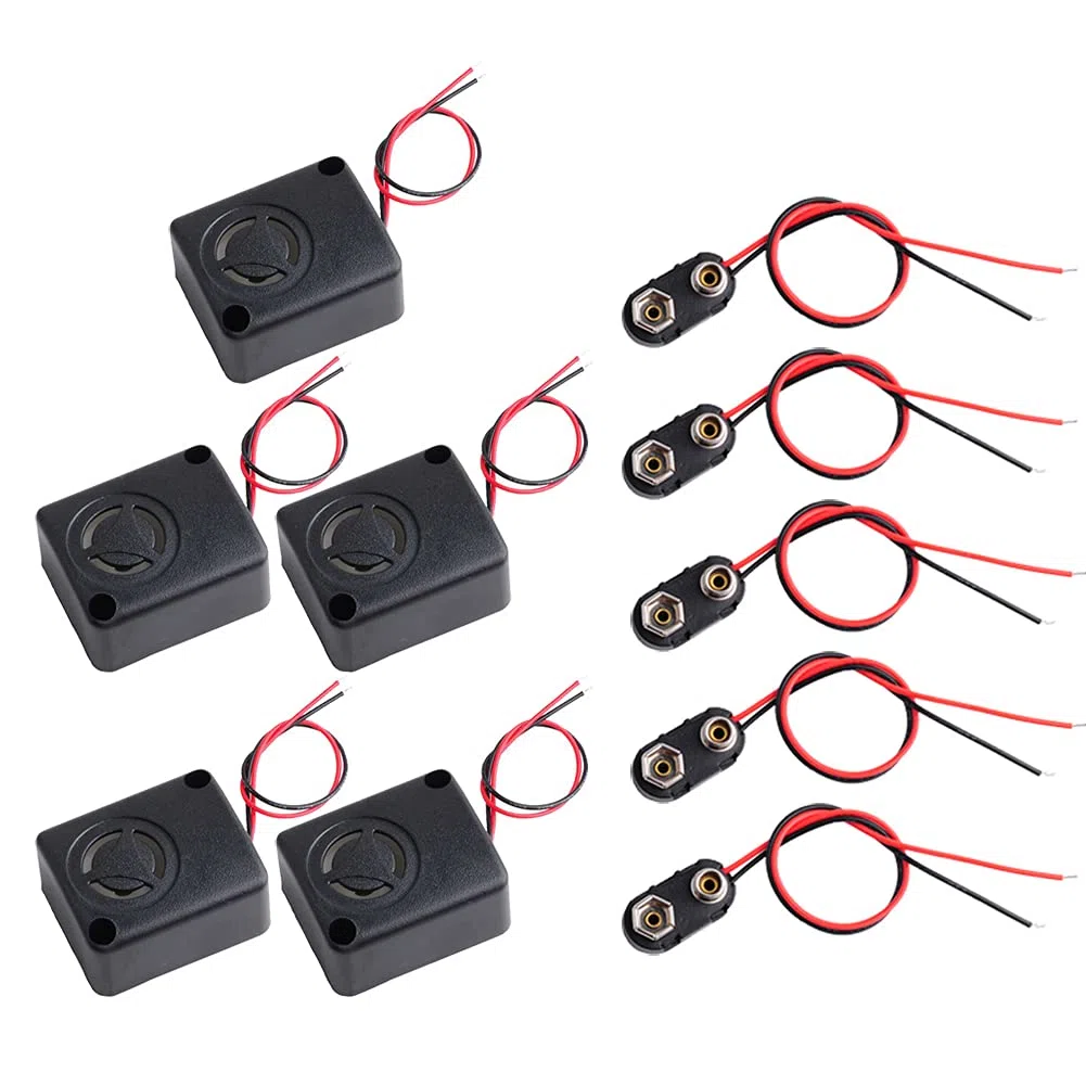 Mini sirena di allarme piezoelettrica da 12 V CC, 5 pezzi, 110 dB, antifurto, allarme ad alta decibel, per auto + 5 connettori a clip per batteria