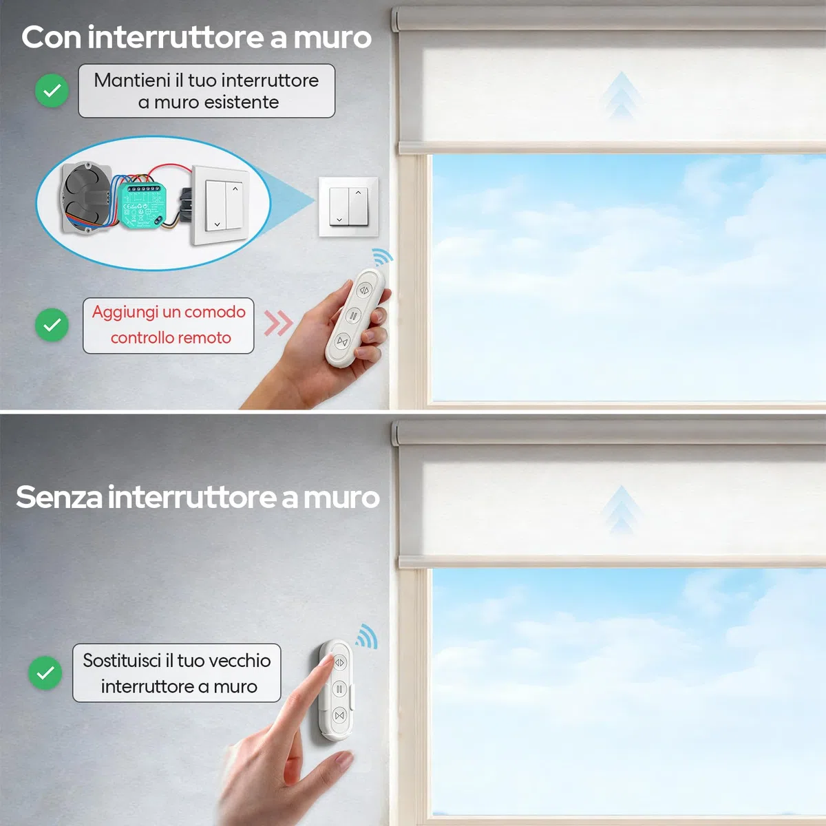 LoraTap Interruttore per Tapparelle a Radiofrequenza (RF), Modulo Wireless con Telecomando, Funziona con Interruttore Tradizionale, Relè 300W per Persiane e Tende Elettriche, Senza Wi-Fi