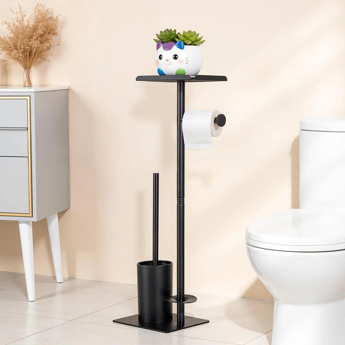 Porta Carta Igienica Autoportante con Ripiano Superiore,Porta Carta Igienica da Terra con Scovolino per WC,Non Richiede Forature, Facile da Installare, Ideale per Riporre Oggetti in Bagno
