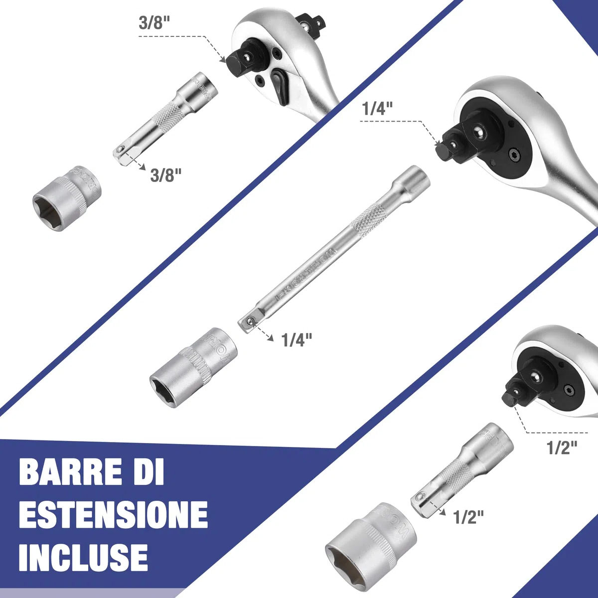 WORKPRO Set di Chiavi a Bussola da 22 Pezzi, con Chiave a Cricchetto 3 in 1, Chiavi a Bussola da 1/4", 3/8", 1/2", Barra di Prolunga, 72 Denti, con Custodia