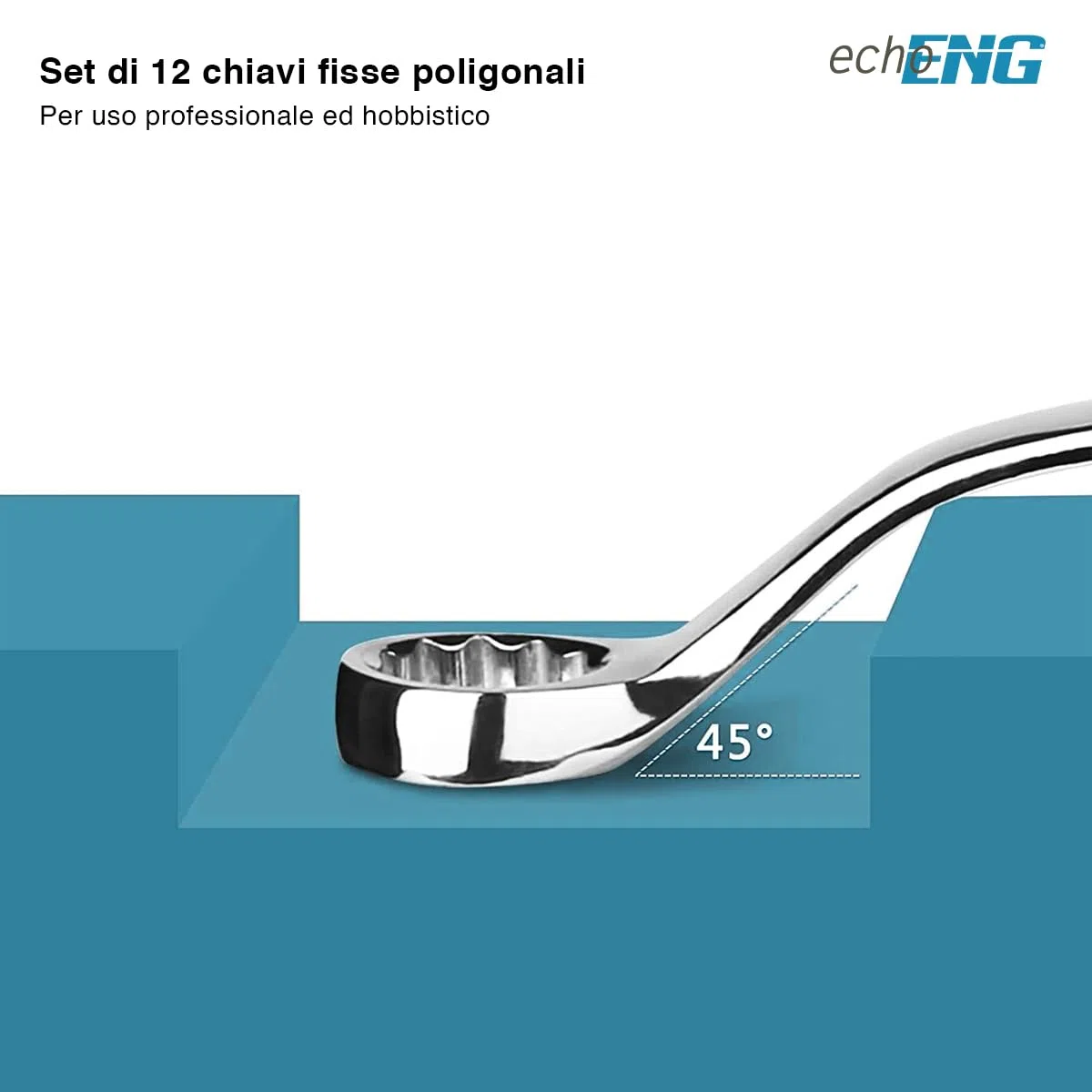 Serie di 12 chiavi fisse poligonali (6-32)mm DIN 838 in acciaio cromo vanadio di alta qualità, finitura lucidata a specchio con pratica custodia arrotolabile – FI 00 0013 echoENG