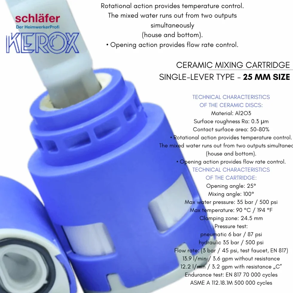Schläfer 480051 | Cartuccia Miscelatore 25mm, Cartuccia di Ricambio per Miscelatori in Ceramica Bassa con 2 Piedini, per Rubinetti Miscelatori Cucina, Bagno, Doccia e Vasca, Modello Kerox K25 Ops