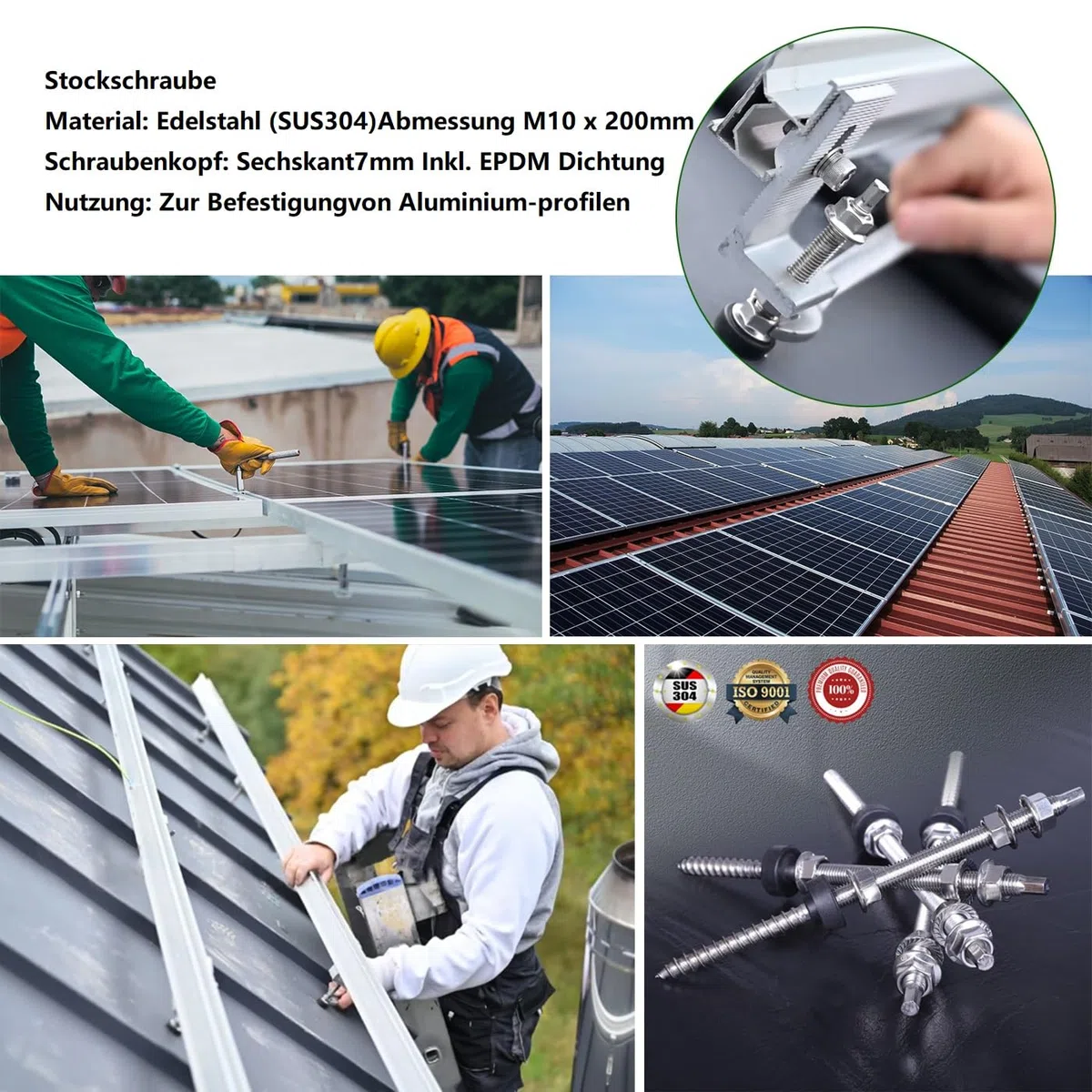 Viti prigioniere M10 x 200 mm, impianto PV (confezione da 6) in acciaio inox regolabile in altezza, tasselli per fissaggio solare fotovoltaico su tetti edifici. Materiale: acciaio inox (SUS304)