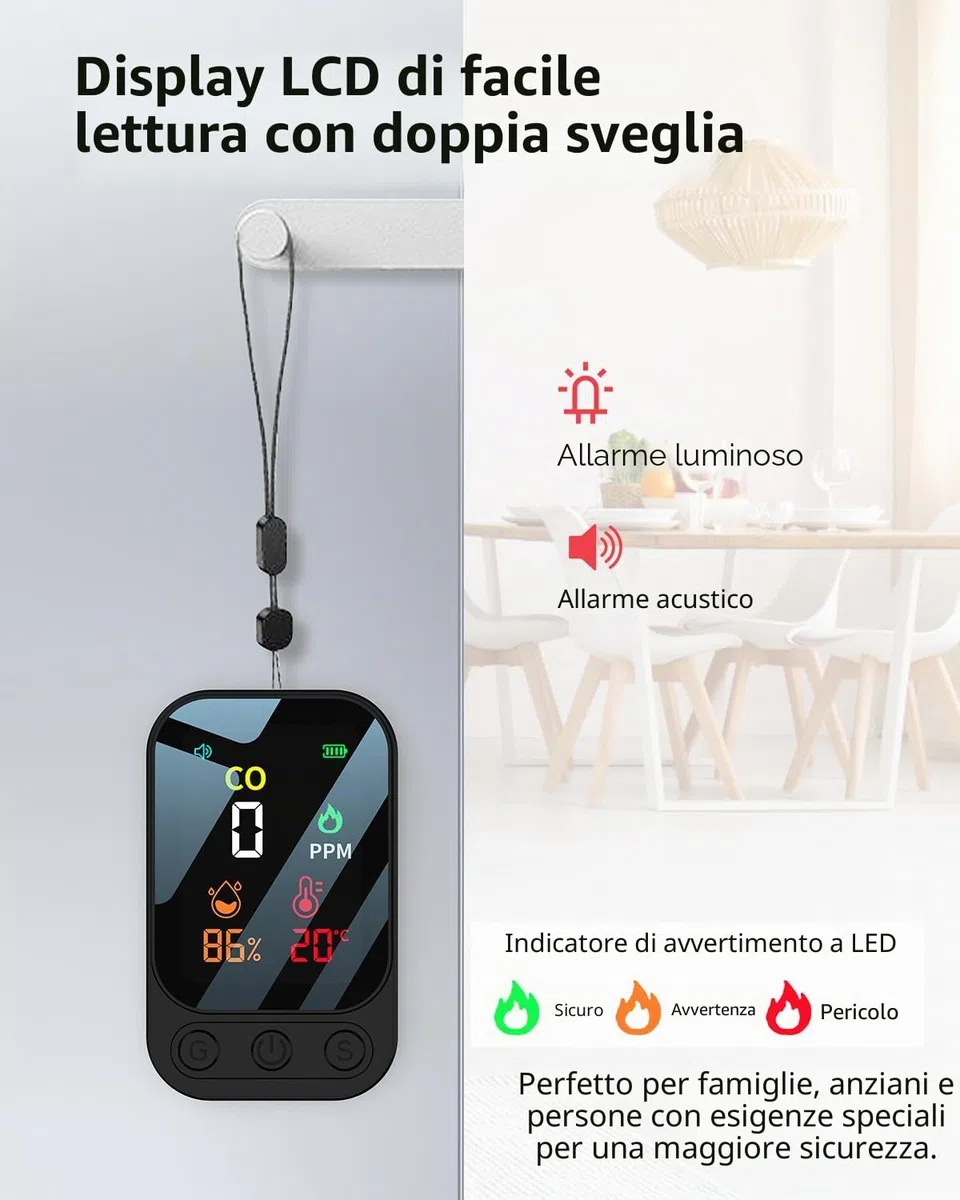 Rilevatore di monossido di carbonio portatile 3 in 1, rilevatore di monossido di carbonio ricaricabile con indicatore di temperatura dell'umidità, portatile per casa, roulotte, campeggio, nero