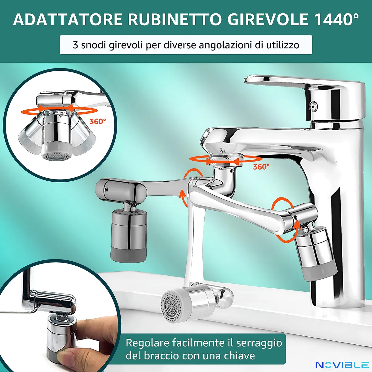 Rubinetto Rotante 1080 Gradi - Estensione Snodabile per Lavandino da Cucina e Bagno - Antispruzzo Rotante 1440° in Ottone - Aeratore Bagno 2 Modalità Acqua