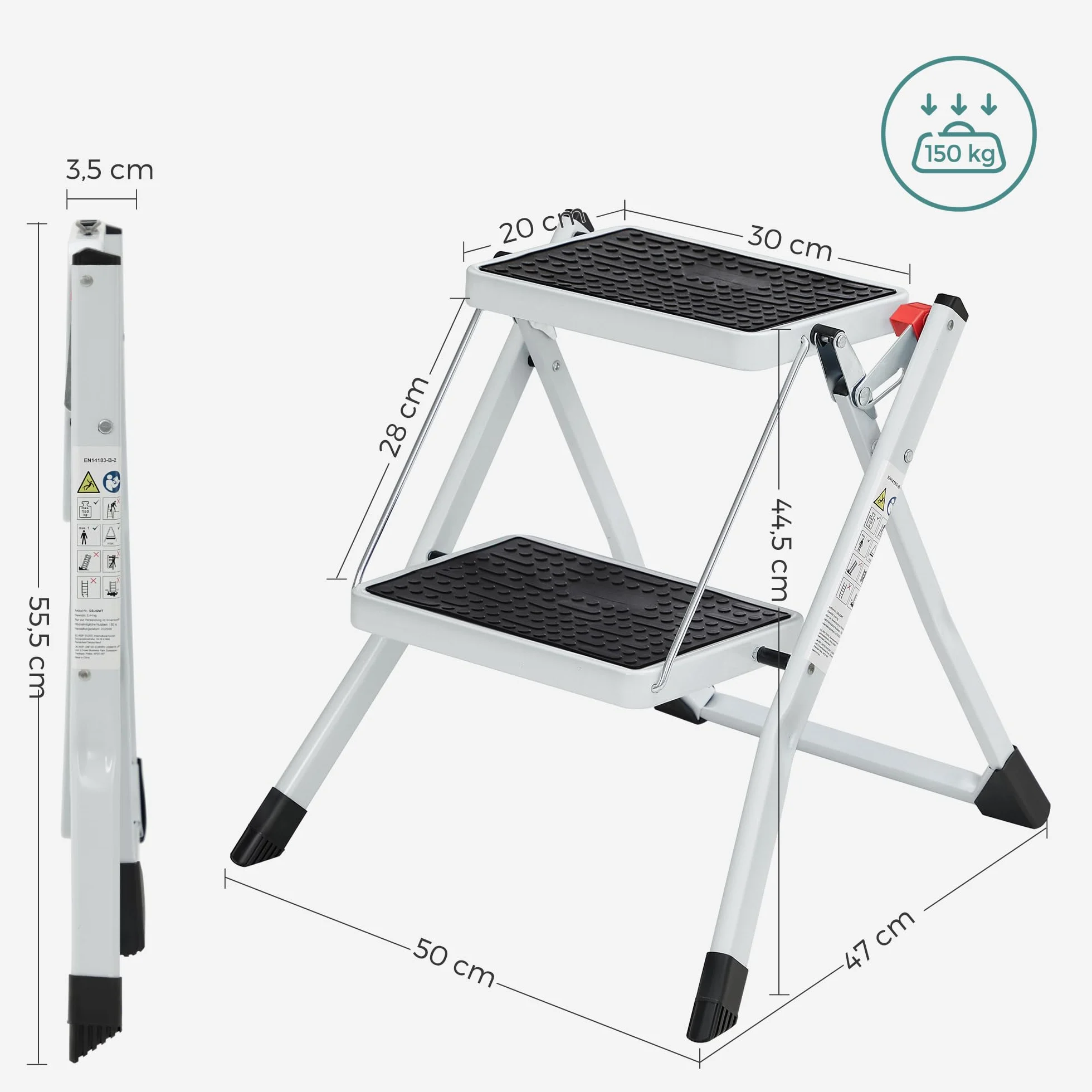 SONGMICS Scaletta a 2 Gradini, Scala Pieghevole, Gradini di 20 cm Coperti con Gomma Antiscivolo, con Manico, Capacitàdi Carico di 150 kg, in Acciaio, Bianco e Nero GSL02WT