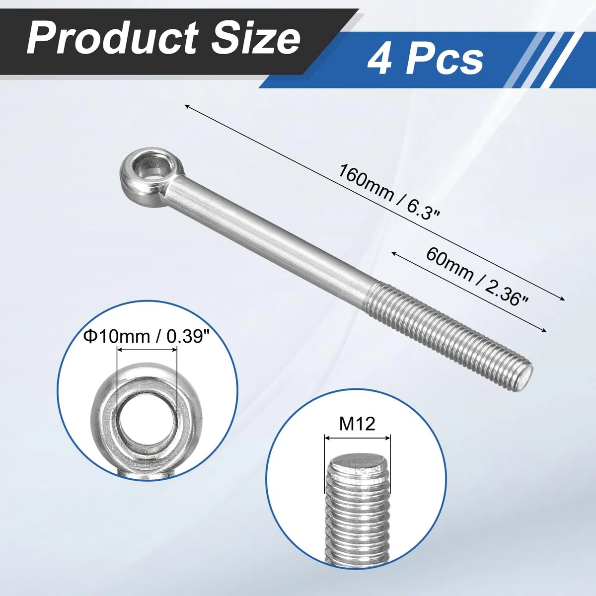 QUARKZMAN 4Pc M12 X 150mm Anelli Sollevamento, 304 Acciaio Inossidabile Anelli Oscillanti Con Spalla Per Macchinari Per Valvole Saracinesca, Fissaggi Per Tubi Edifici, Argento