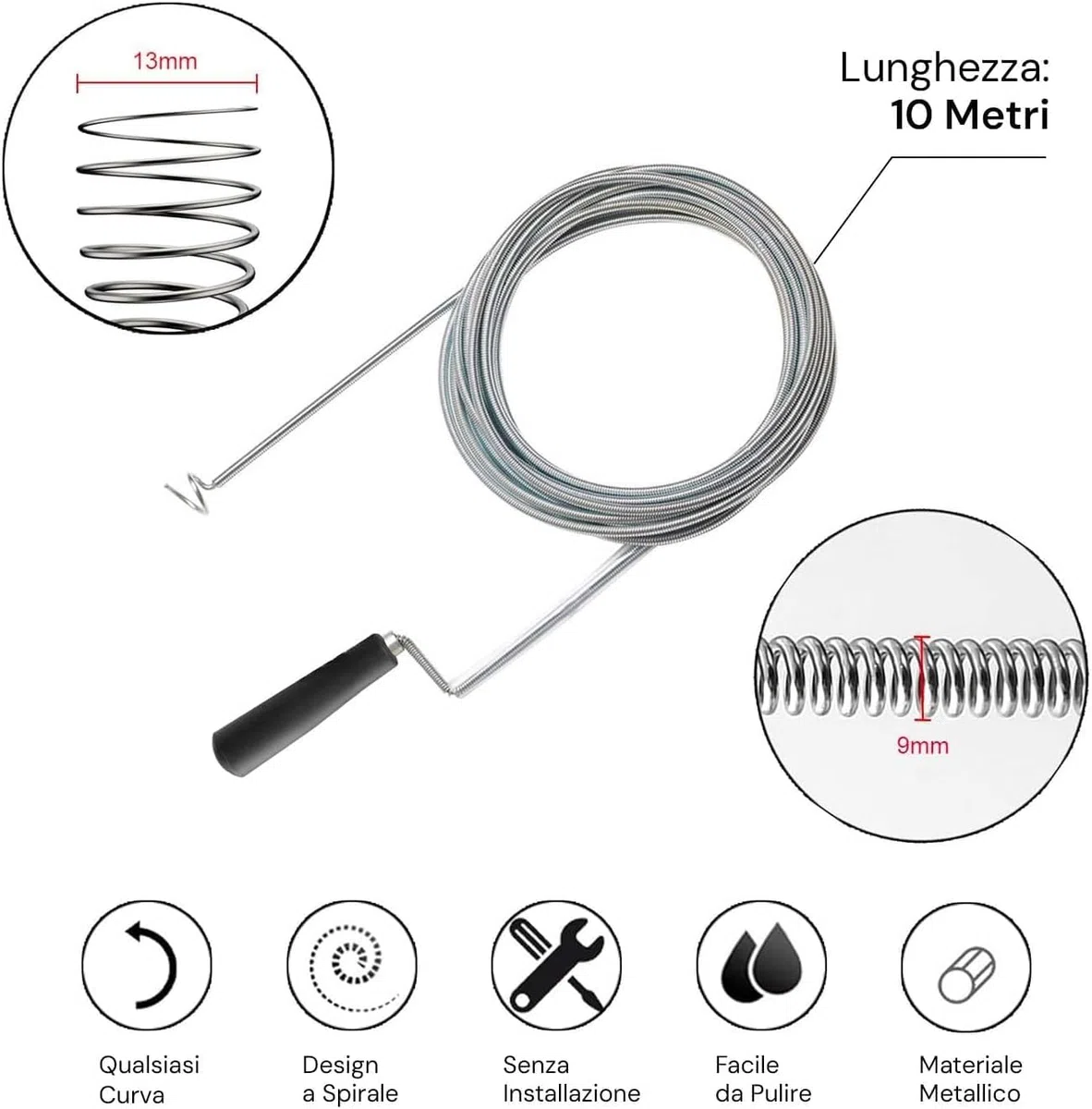 HYTAMA TOOLS - Sonda Sturatubi 10 Metri, 9 mm di Diametro, Sonda Stura Lavandini e Scarichi per Interventi Fai da Te, Coclea di Drenaggio, Molla Idraulica per Pulizia Tubi Senza Prodotti Chimici