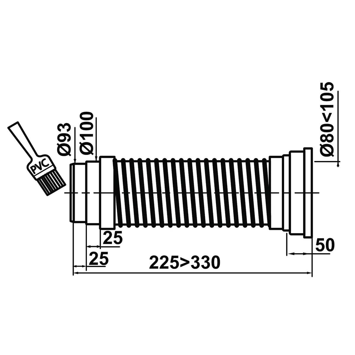 Wirquin 71070201 Tubo flessibile, ULTRACORTO, Collegamento tubazione Ø 93 e diam. 100 mm; Lunghezza: 360 - 560 mm; Diametro Uscita: Ø 80 a Ø 105 cm, Bianco