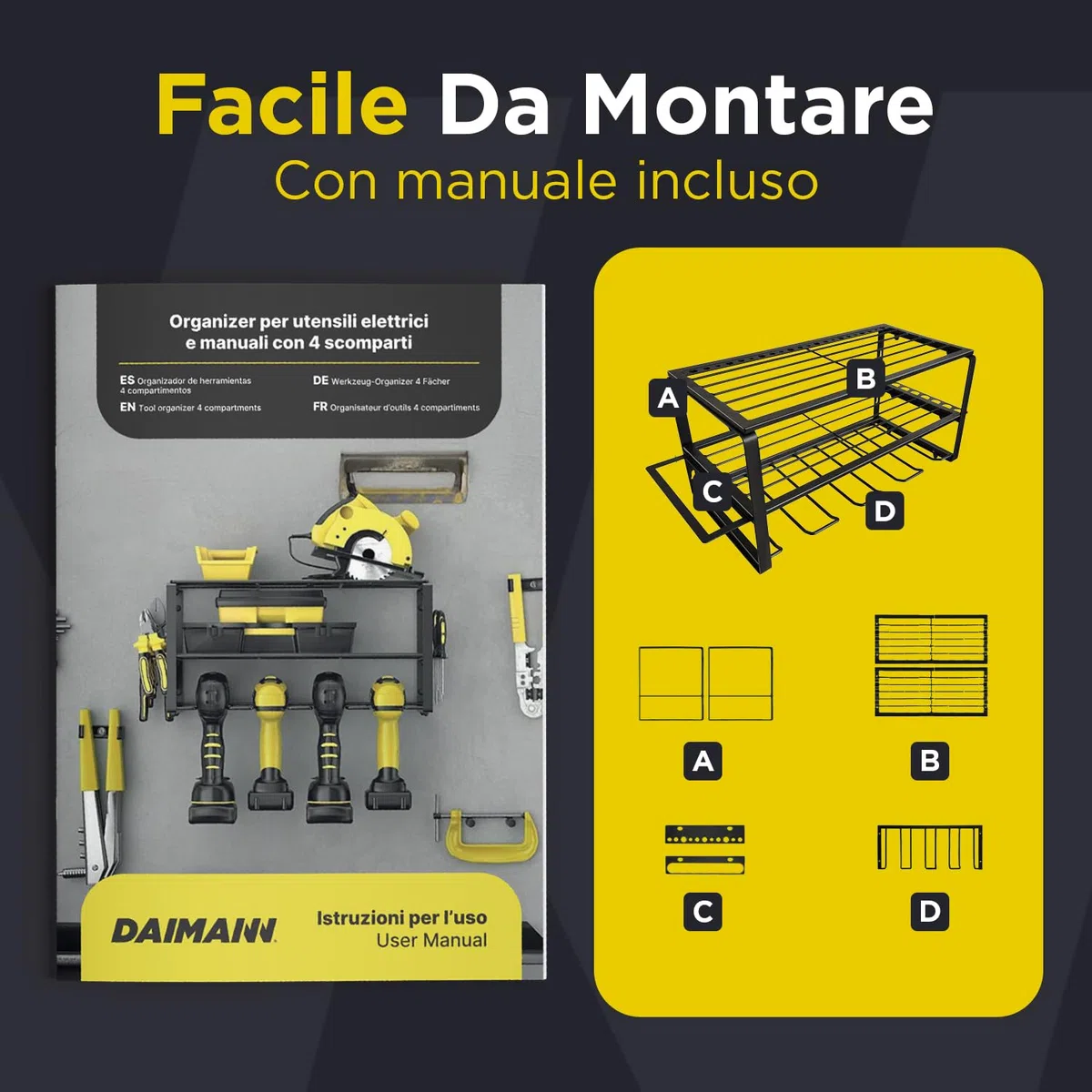 Avilia Porta Attrezzi da Parete in Acciaio - Pannello Portautensili con 4 Scomparti e Ripiani a Griglia - Organizer Salvaspazio per Trapani, Cacciaviti e Minuteria - per Garage e Officina