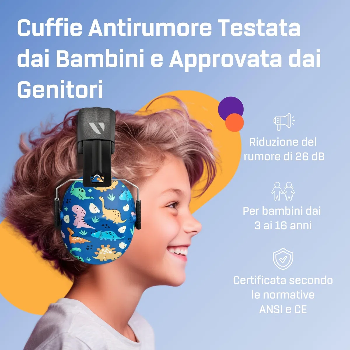 Vanderfields Premium Cuffie di Protezione per l'Udito - Riduzione del Suono ad Ampio Spettro 29 dB a 2K Hz Cancellazione del Rumore - Cuffie per Bambini 3-12 - Dinosaur Club B