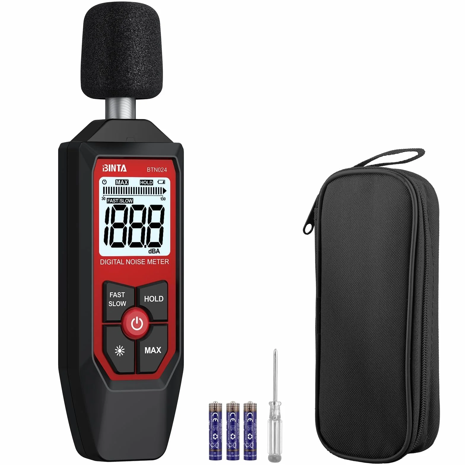 BINTA Fonometro, Misuratore di Rumore 30-130dB ±1.5dB, Retroilluminazione Bianca, Risposta Veloce/Lenta, MAX/MIN per Casa/Fabbrica/Edilizia/Trasporti