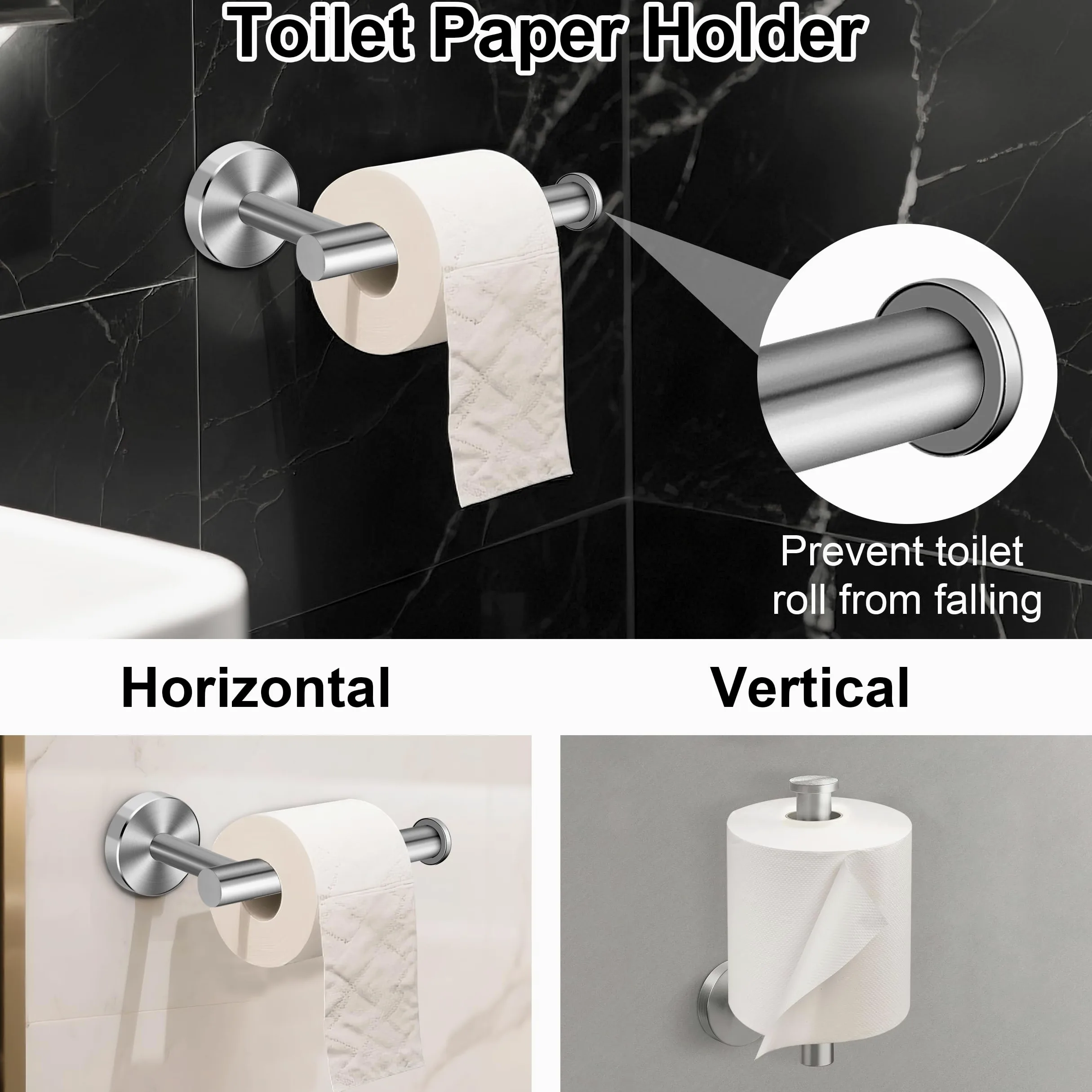 Set Porta Asciugamani Bagno Acciaio Inox 304 Gancio Per Accappatoio Accessori Il Cucina E Camera 5 Pezzi, Argento