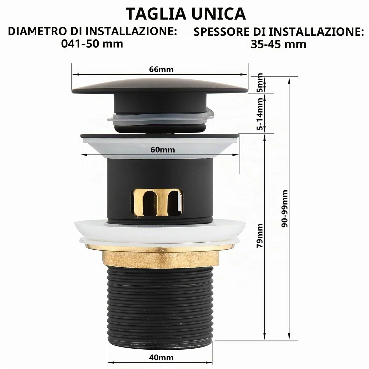 Piletta Universale Per Lavabo Bagno,Piletta Click Clack con Troppopieno, Pilett Pop Up Di Scarico Universale G1 1/4", per Lavello Con Gomma Ispessita, Nero