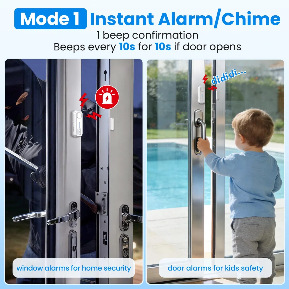 SANJIE Allarmi per porta quando aperto con avvisi istantanei e ritardati 30s/1min/2min/4min, sensore di allarme per porta, allarme 2 in 1 per la sicurezza domestica, allarme frigorifero con avviso di