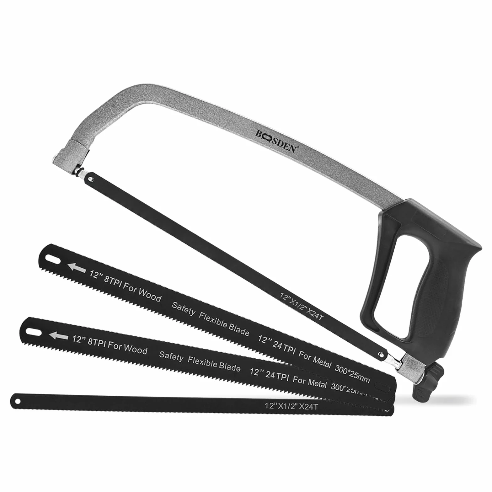 BOOSDEN Sega per metalli, 300 mm, con 3 lame intercambiabili, sega per metallo, legno, acciaio, tubi in PVC e plastica