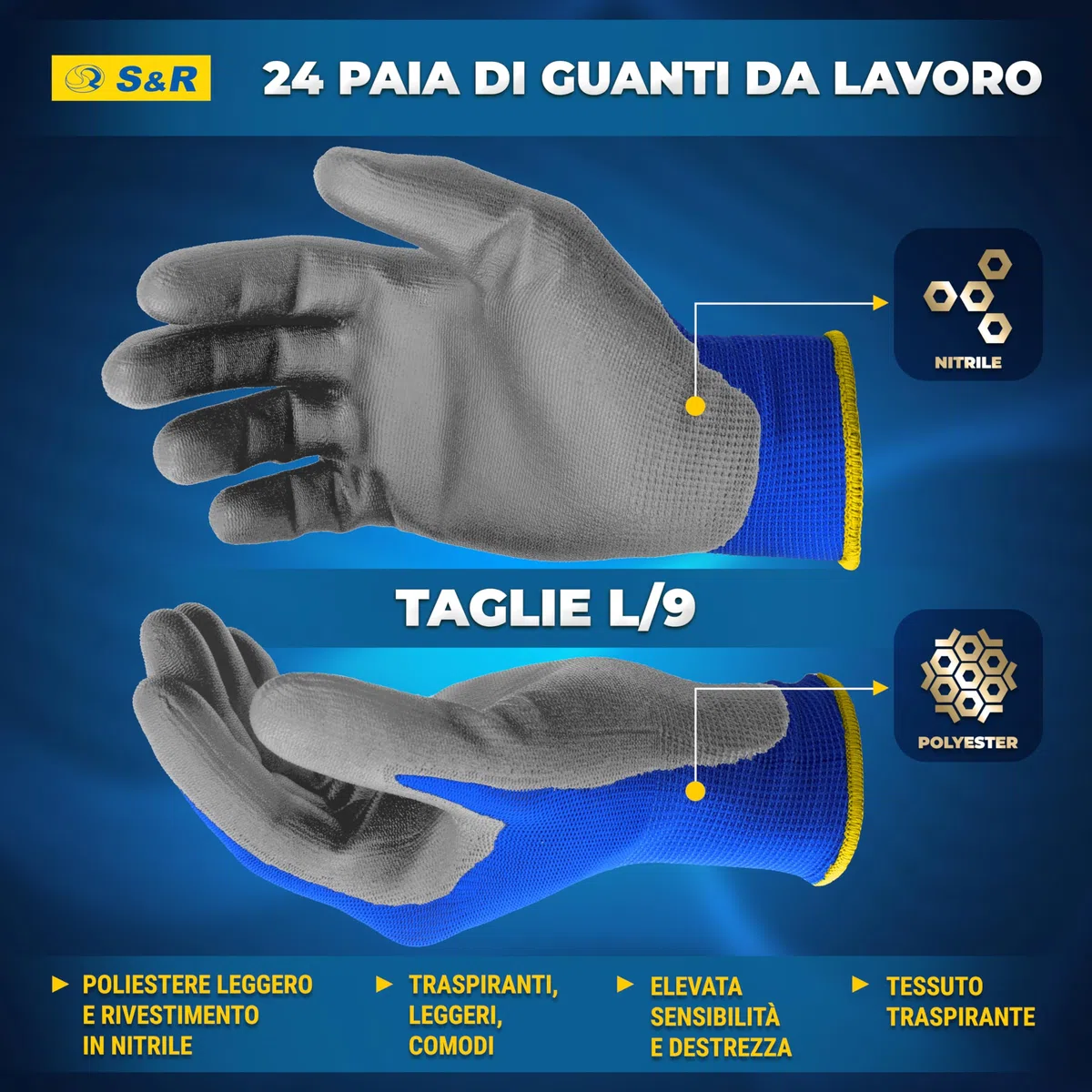 S&R 24 Paia Guanti da Lavoro Uomo in Nitrile resistente L/9. Guanti Montaggio Meccanico Giardinaggio Bricolage. Antiscivolo e antiabrasione.