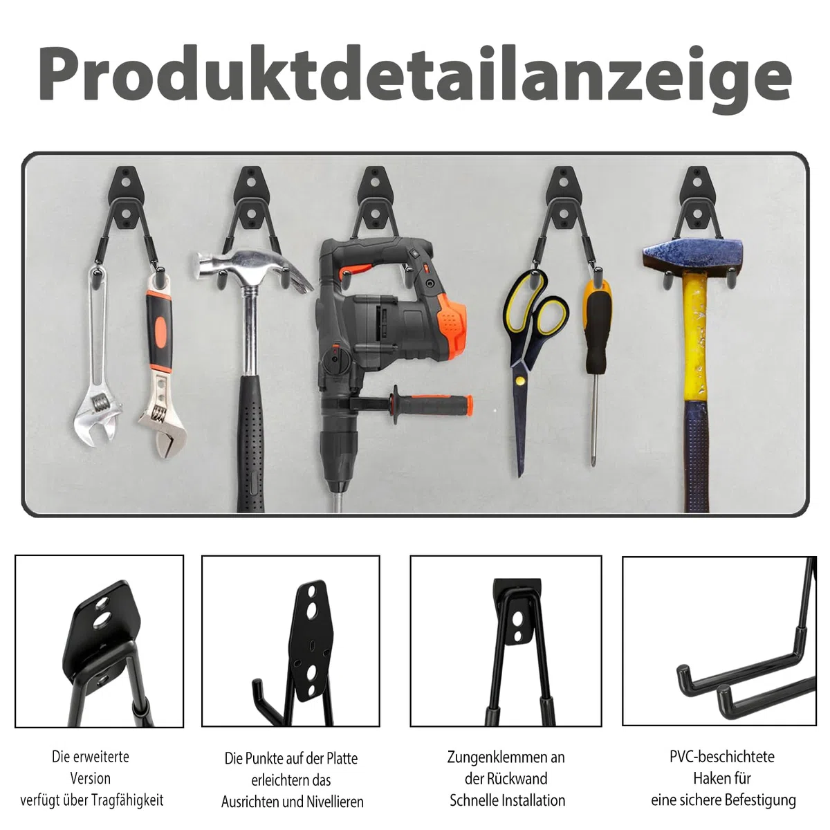 Ganci da Parete per Garage, 14 Pezzi Gancio a J per Garage, Ganci per Garaage Robusti, Gancio Bici Muro per Biciclette, per Organizzare Biciclette, Scale, Sorde, Cavi(Nero)
