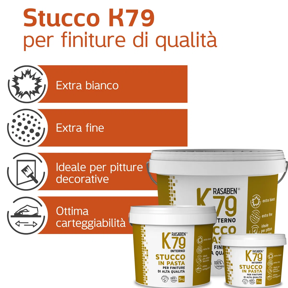 RASABEN - Stucco Bianco in Pasta K79 Pronto all'Uso, Extra Fine per Finiture di Qualità, Ottima Carteggiabilità, Ideale per Pitture Decorative, Uso Interno, Made in Italy, Barattolo da 5kg